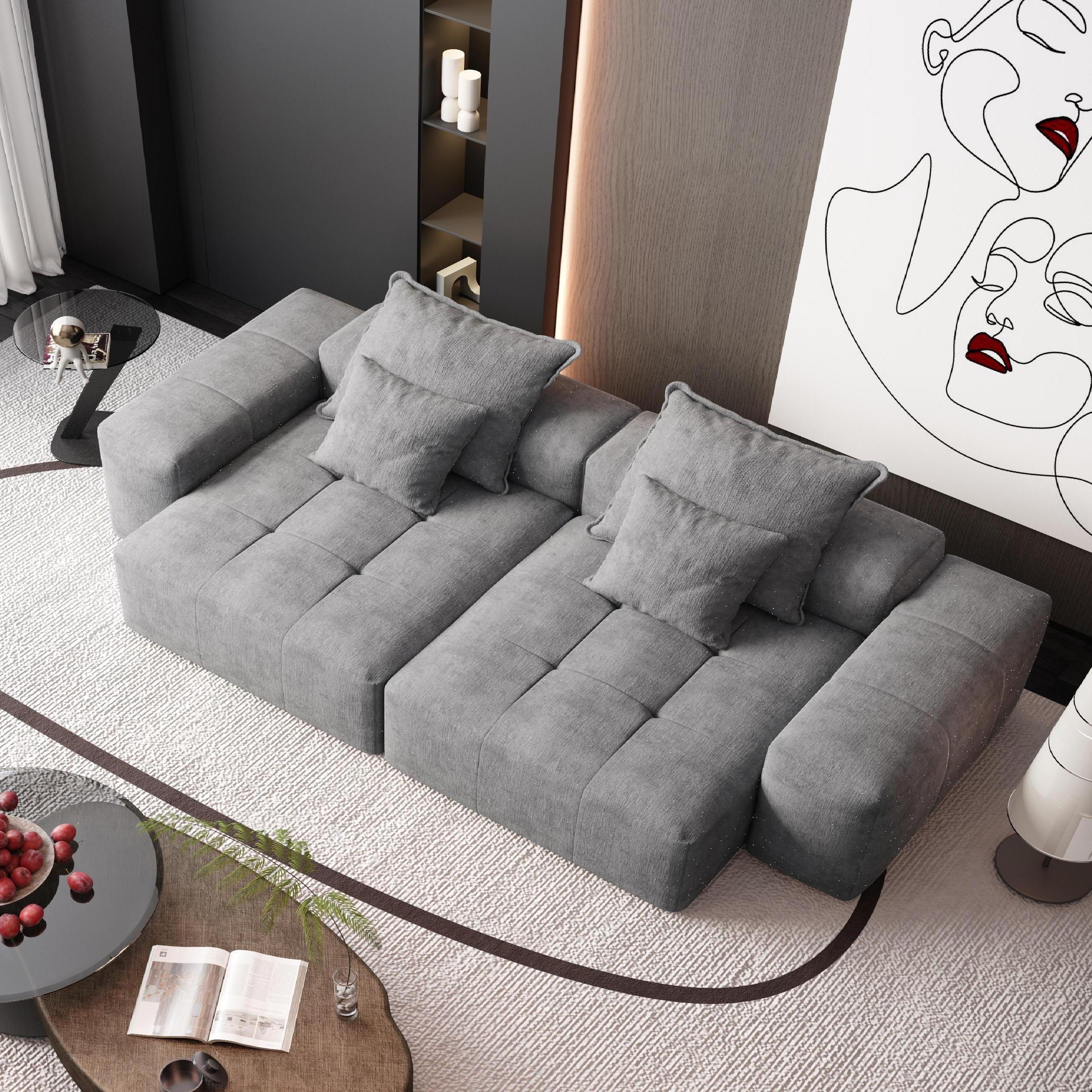 Modern Oversized Modular Sectional Sofa with 2 Chaise Lounge and 2 Armrest, Sparkling Chenille Fabric Soft Cushion Sofa with 4 Pillows, 4 PCS DIY Combination Tufted Sofa, No Assembly Required, GREY