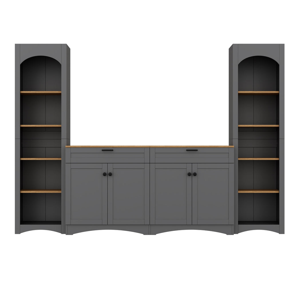ON-TREND 3-Piece Farmhouse Entertainment Center with Storage Cabinet for TVs Up to 70', Mid-Century TV Stand with Bookshelf, Rustic Versatile Sideboard with Adjustable Shelves for Living Room, Grey