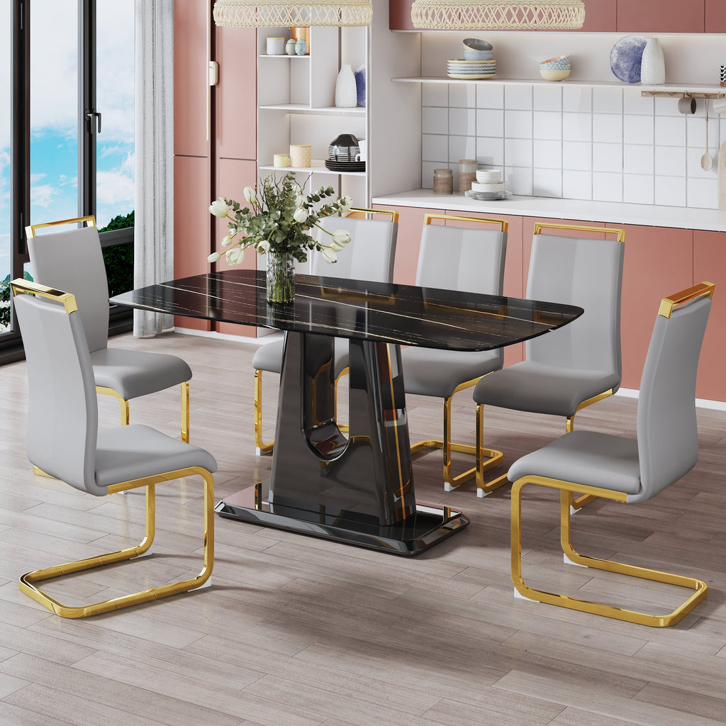 A modern, minimalist, and luxurious table. A black imitation marble tabletop with MDF U-shaped legs. Dining table, computer table. For restaurants and living rooms 63' * 35.4'* 30' F-U