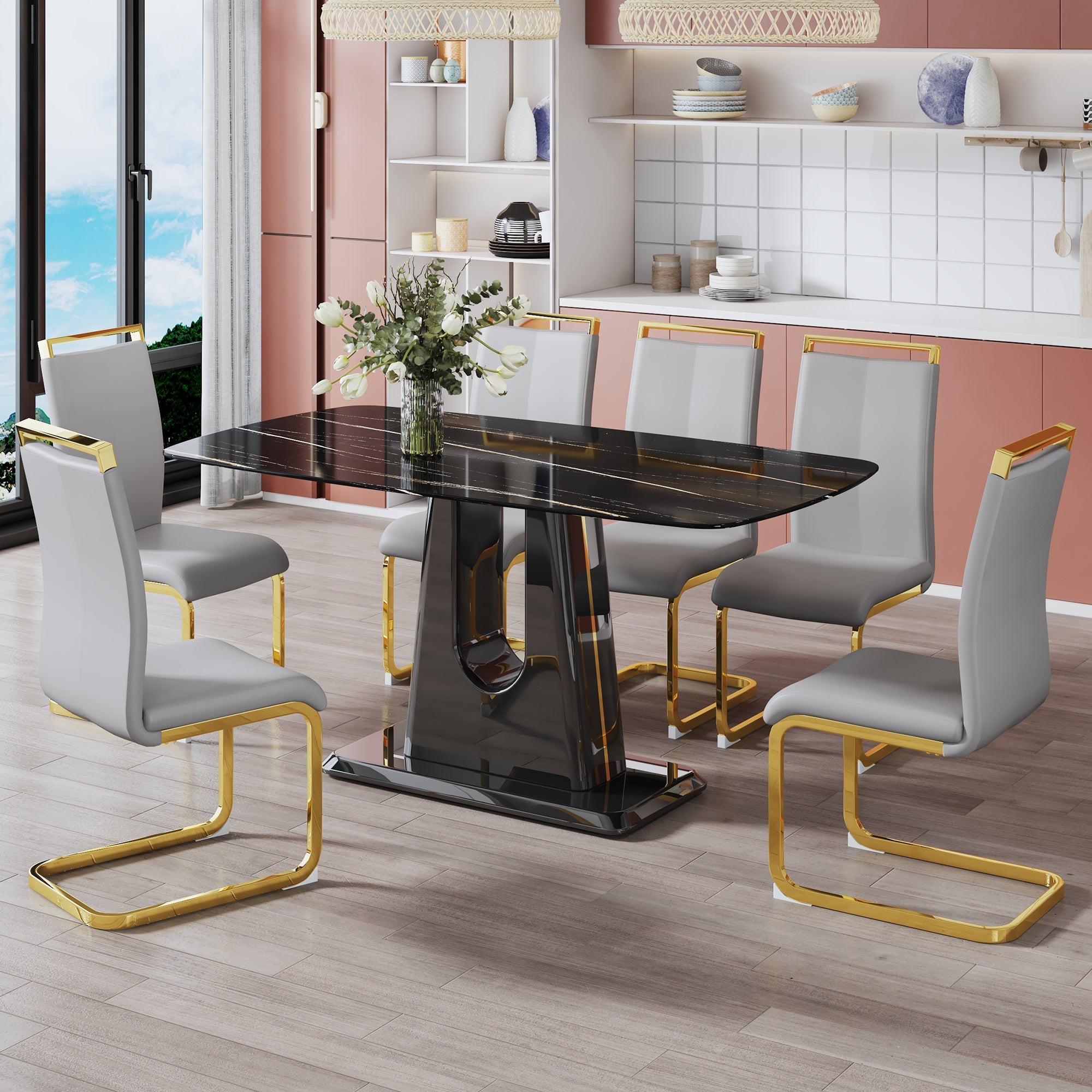 A modern, minimalist, and luxurious table. A black imitation marble tabletop with MDF U-shaped legs. Dining table, computer table. For restaurants and living rooms 63' * 35.4'* 30' F-U