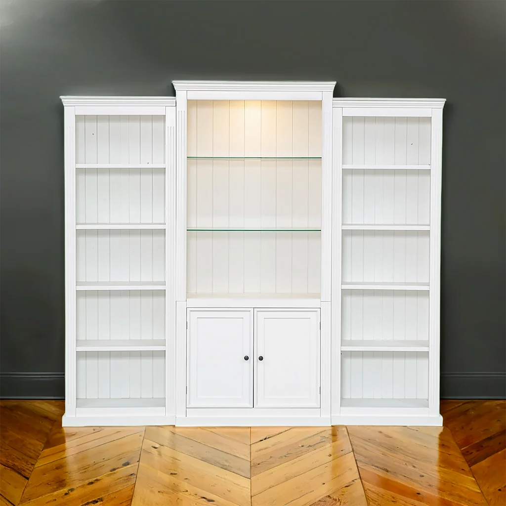 Retro Style 3-Piece Bookcase Display Cabinet with Adjustable LED Lighting, Tempered Glass Shelves, White