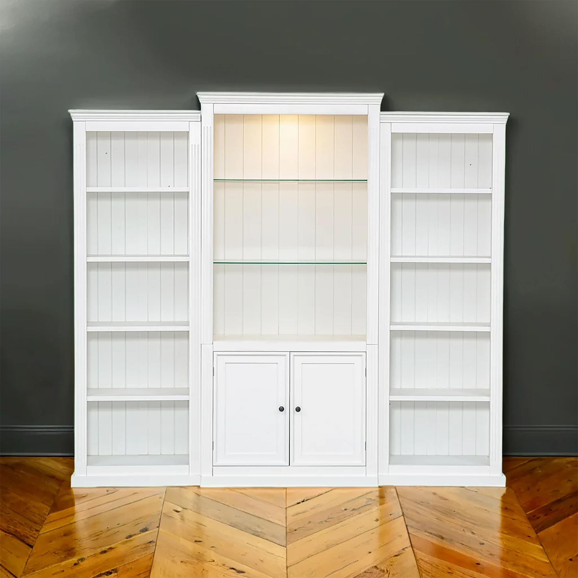 Retro Style 3-Piece Bookcase Display Cabinet with Adjustable LED Lighting, Tempered Glass Shelves, White