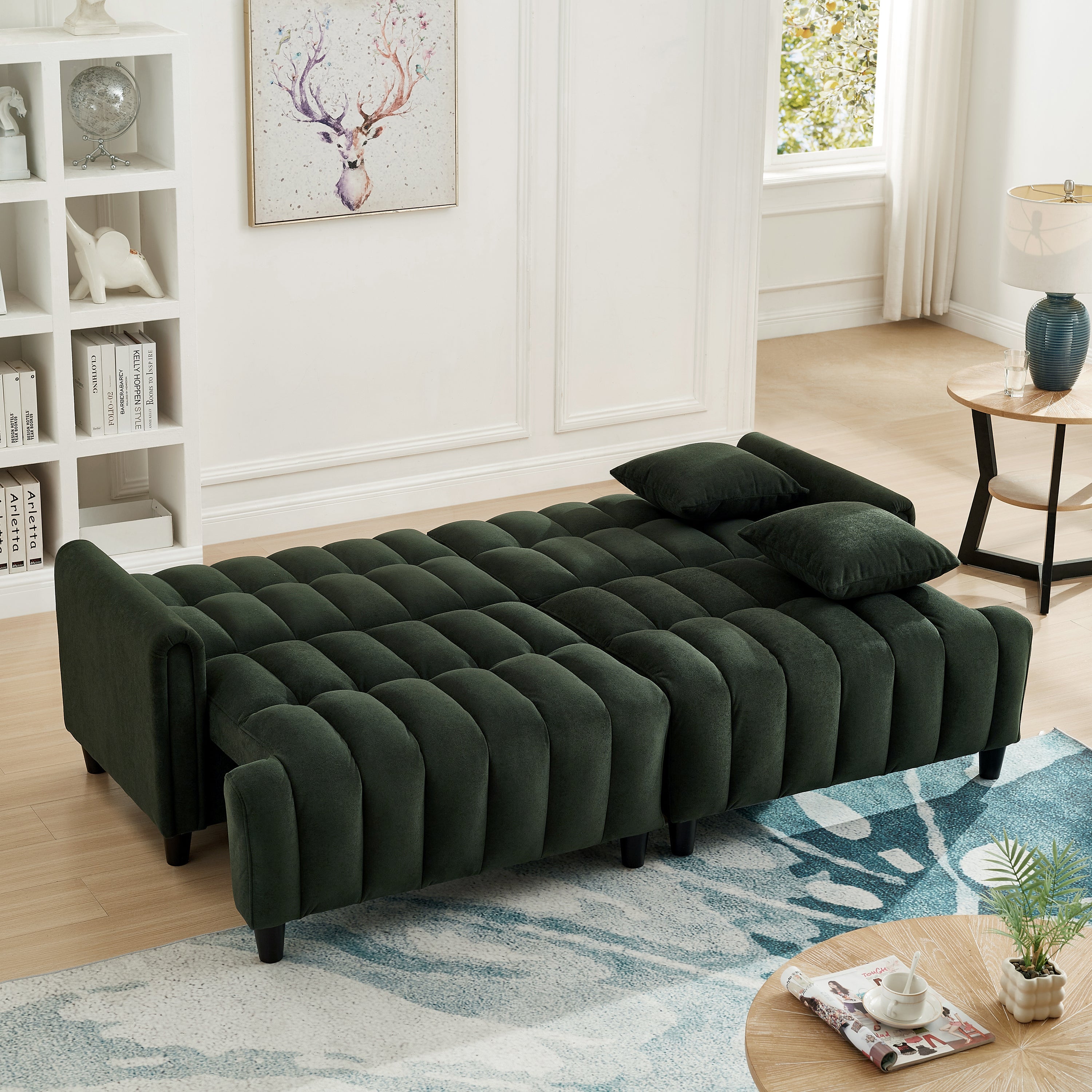 83'' Futon Sofa Bed, Polyester Fabric Comfy Futon Couch Bed with 2 Square Pillows, Convertible Sleeper Sofa with Adjustable Backrest,  Modern Loveseat Sleeper for Living Room, Dark Green