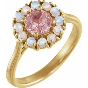 14K Yellow Gold Natural Pink Morganite & Natural Ethiopian Opal Halo-Style Ring