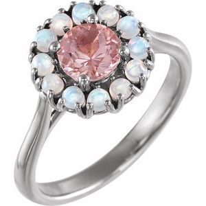 Platinum Natural Pink Morganite & Natural Ethiopian Opal Halo-Style Ring