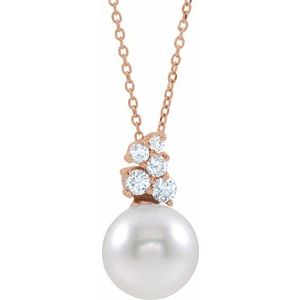 14K Rose Gold Cultured White Freshwater Pearl & 1/4 CTW Natural Diamond 16-18" Necklace