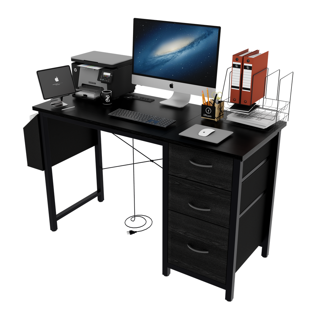47.3'office desk with power outlet,3 drawers,Large Side Pocket, Desk Easy to Assemble,Frame stability Reversible,  for home desk, computer desk, game table,Writing desk,Vanity table, black