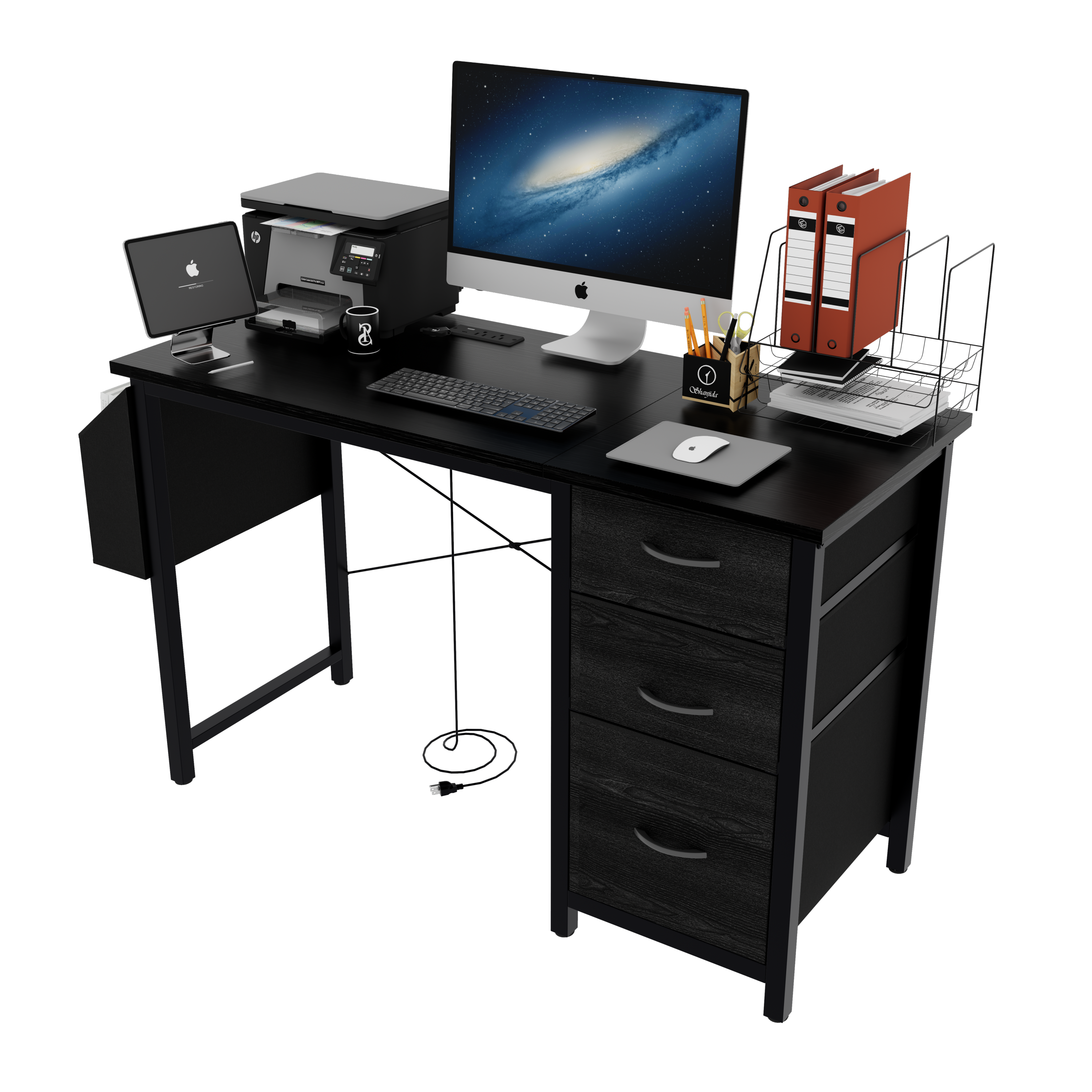 47.3'office desk with power outlet,3 drawers,Large Side Pocket, Desk Easy to Assemble,Frame stability Reversible,  for home desk, computer desk, game table,Writing desk,Vanity table, black