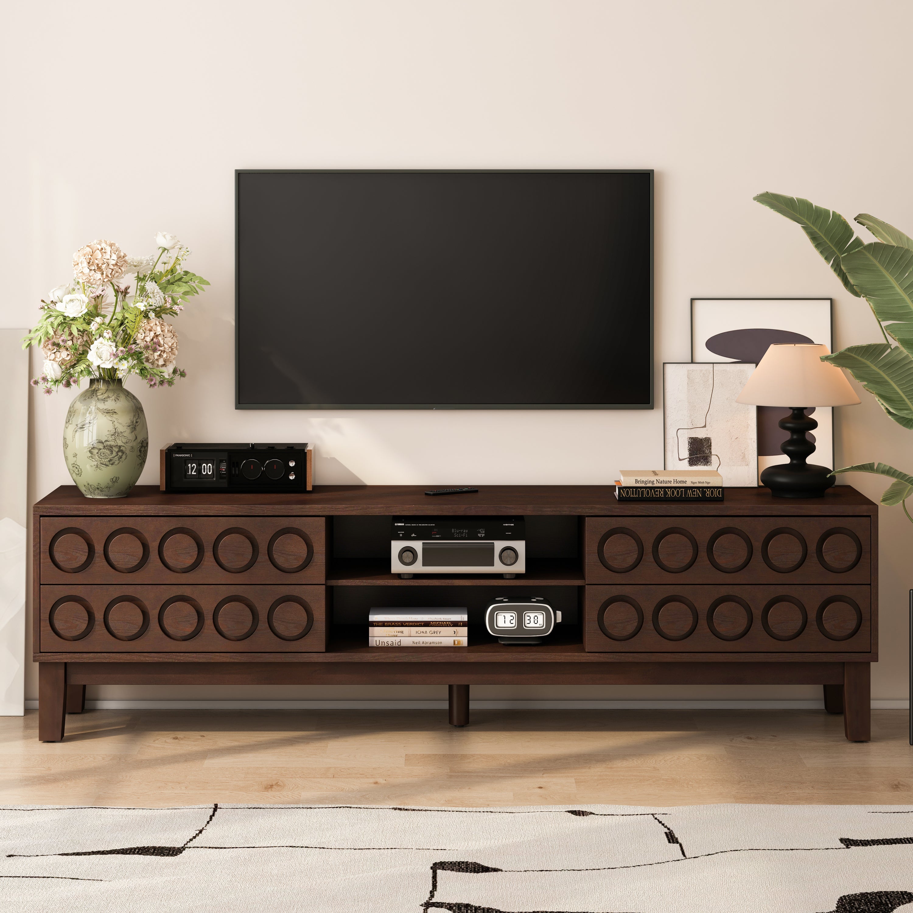TV Stand for TVs up to 75', Media Console with 4 Drawers, Entertainment Center with Storage for Living Room and Bedroom(Dark Brown)