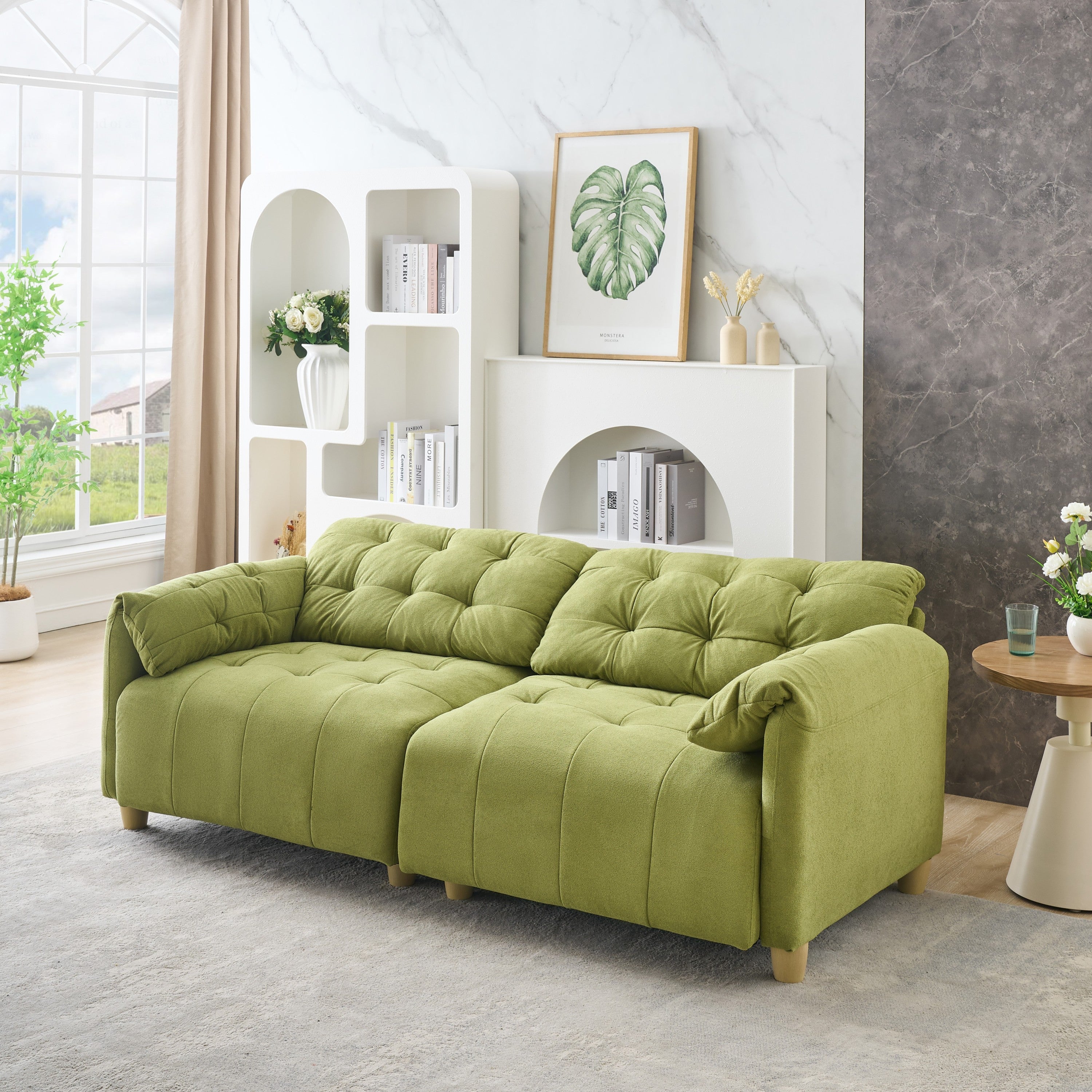 French retro cloud fabric double-seat creamy style straight-line sofa for the living room.