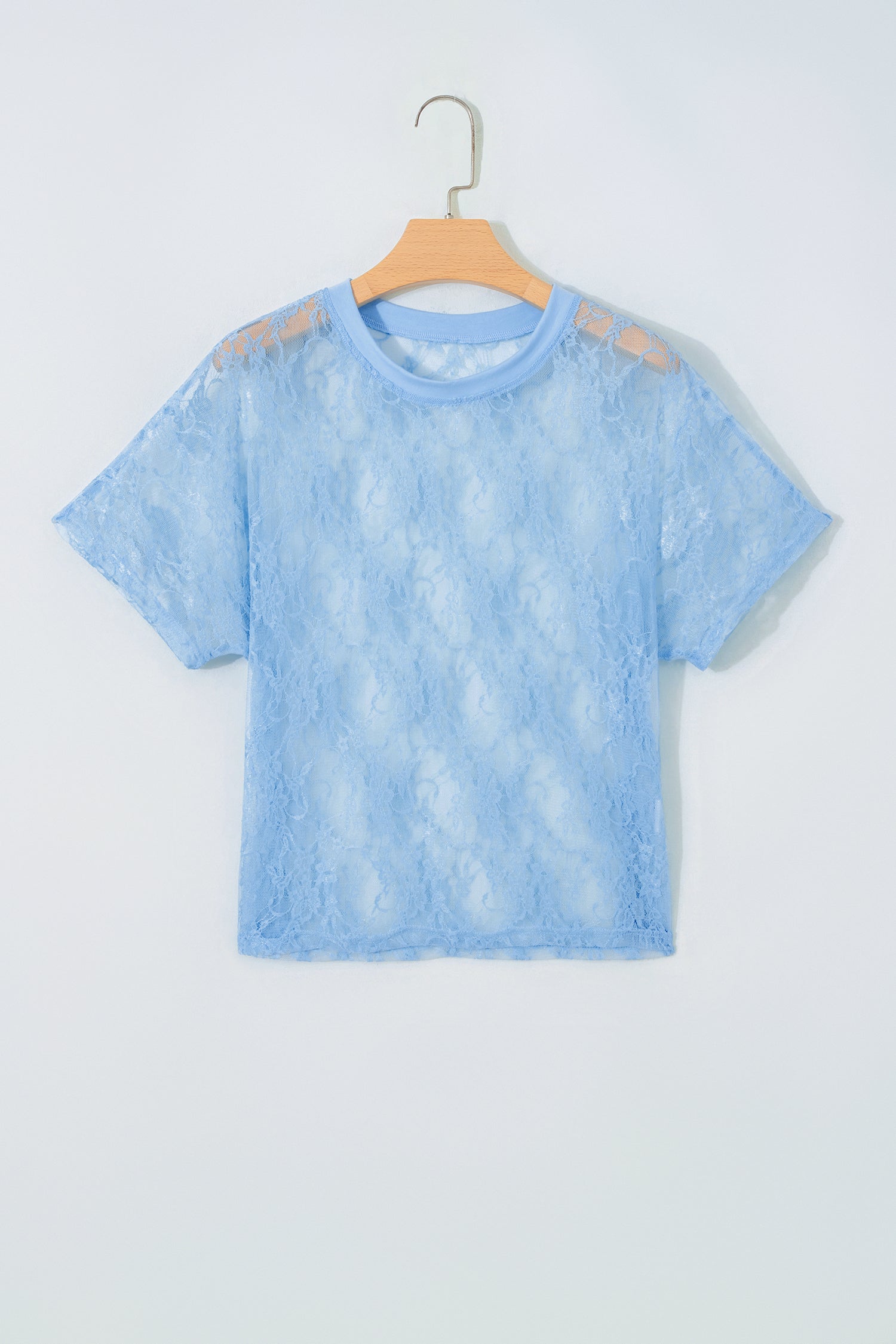 Solid Sheer Lace Short Sleeve Boxy Tee