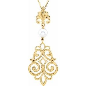 14K Yellow Gold Cultured White Akoya Pearl Fleur-de-lis 18" Necklace
