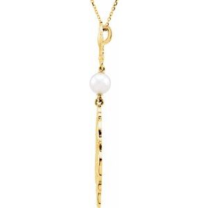 14K Yellow Gold Cultured White Akoya Pearl Fleur-de-lis 18" Necklace
