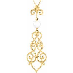 14K Yellow Gold Cultured Akoya Pearl Fleur-de-lis Scroll 18" Necklace