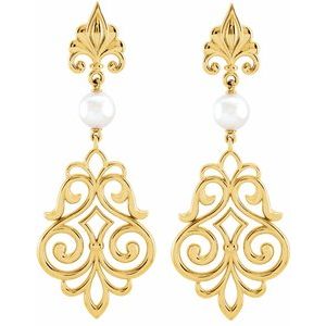 14K Yellow Gold Cultured White Akoya Pearl Fleur-de-lis Earrings