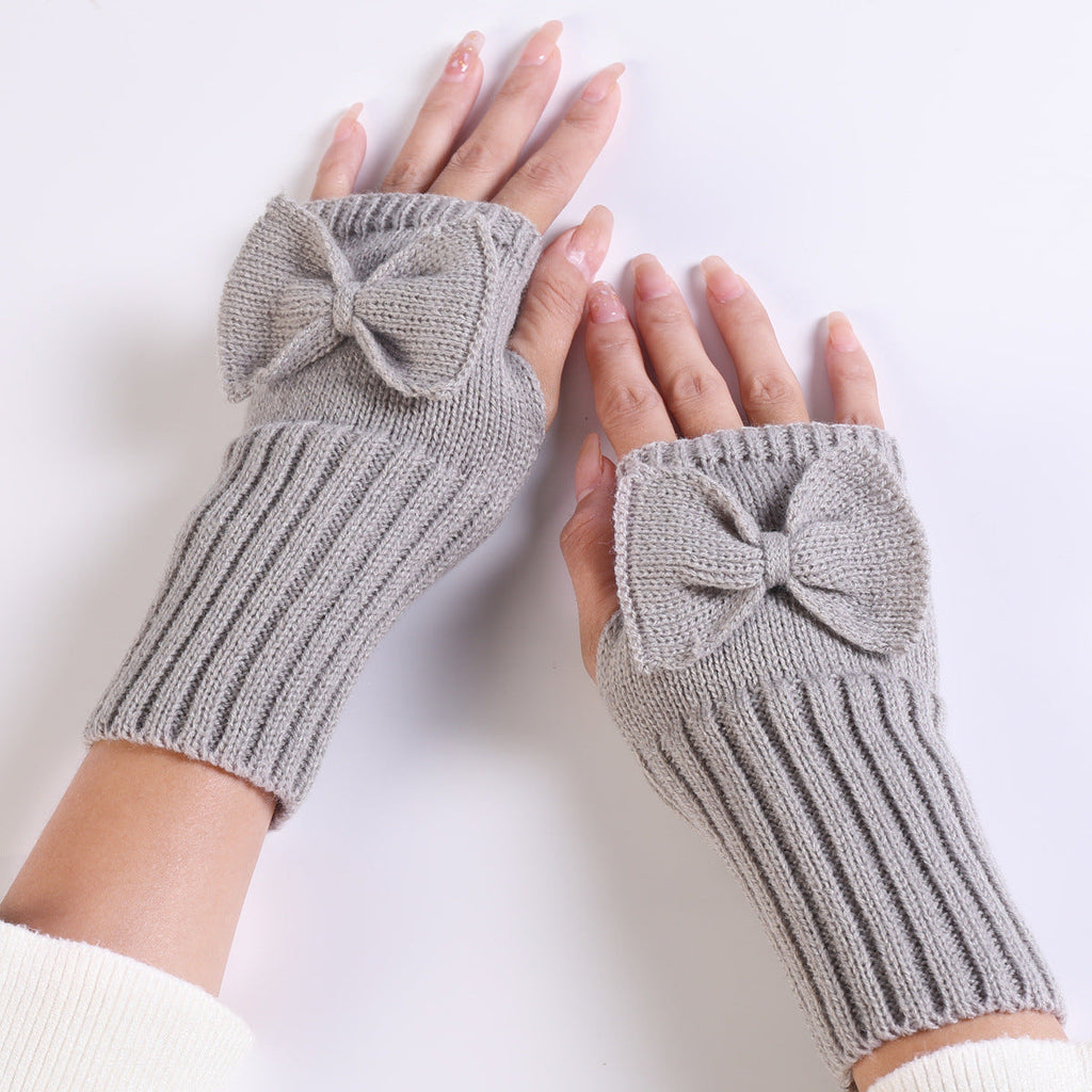 Bow Knitted Wool Keep Warm Half Finger Fingerless Gloves