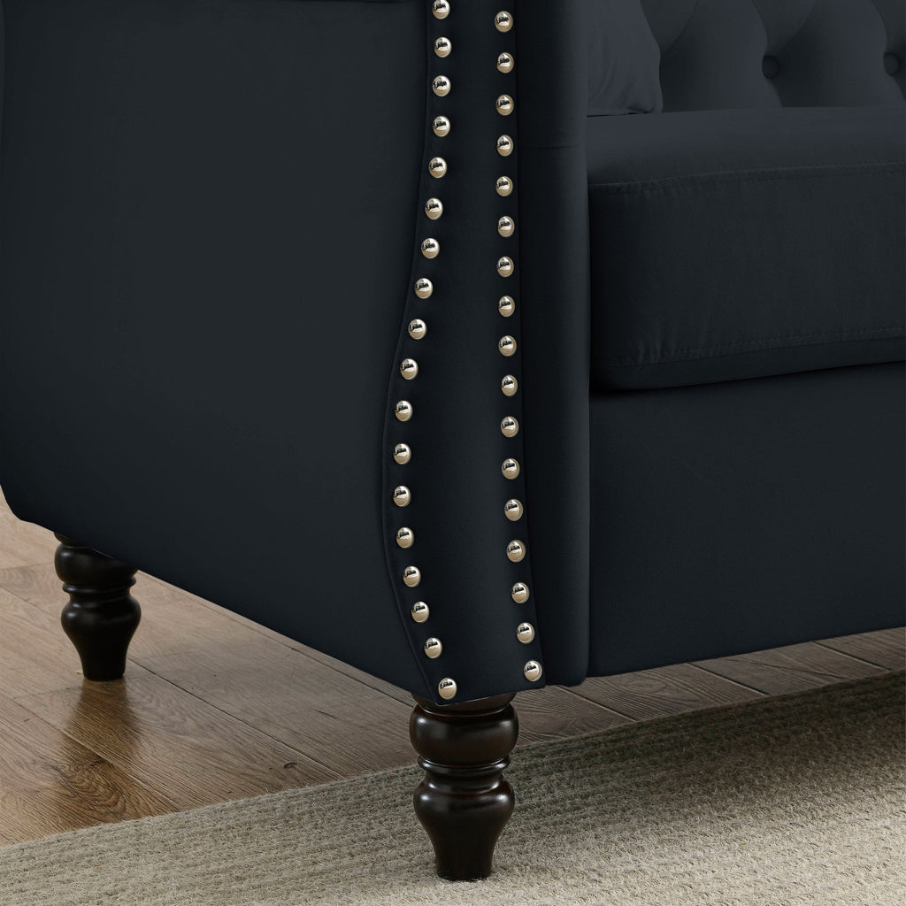 [Video] 80' Chesterfield Sofa Black Velvet for Living Room, 3 Seater Sofa Tufted Couch with Rolled Arms and Nailhead for Living Room, Bedroom, Office, Apartment, two pillows
