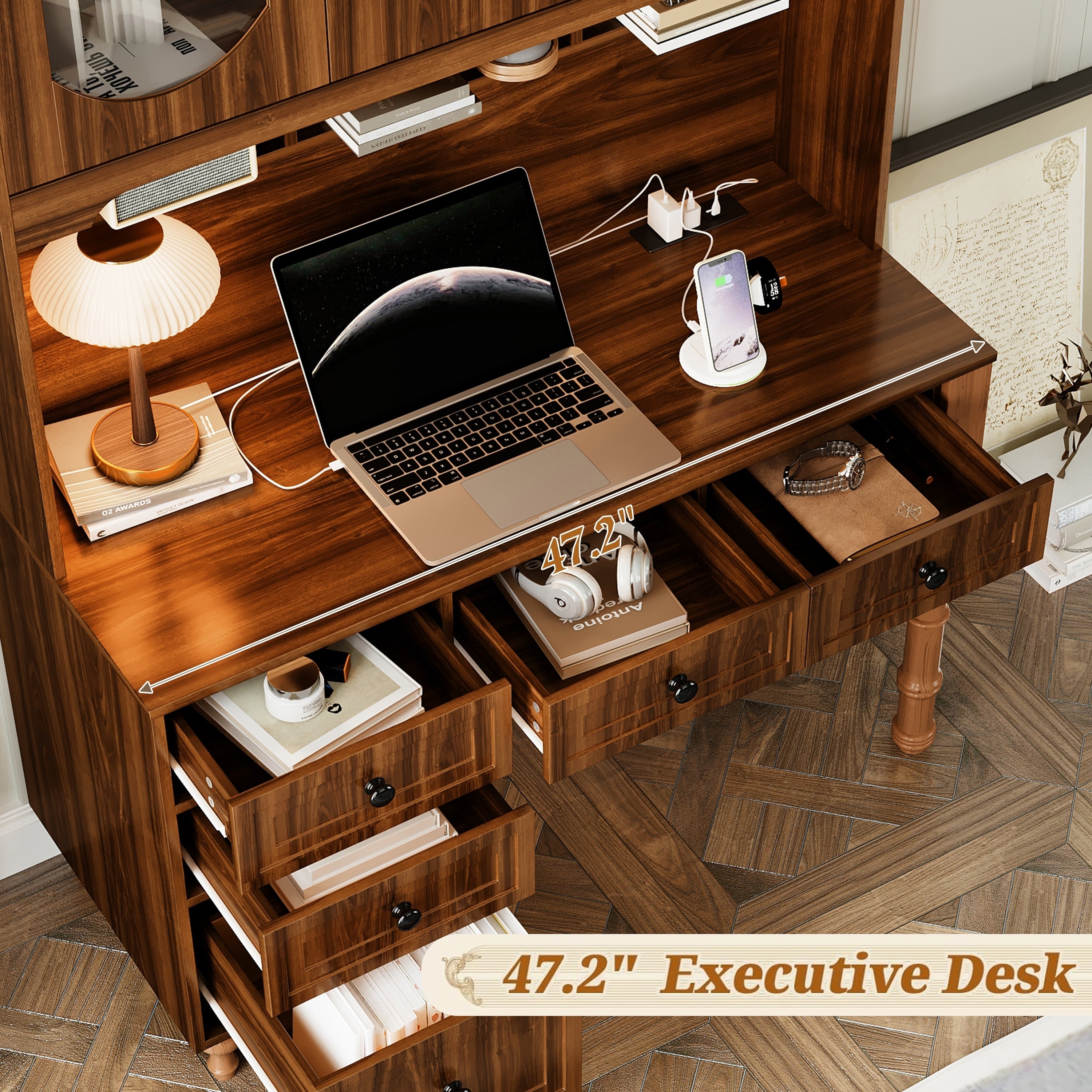47'' Retro Desk with Charging Ports and Hutch Cabinet, Office Desk with 5 Storage Drawers and Transparent Glass-Door Bookshelf, Executive Computer Desk for Home Office, Bedroom, Walnut