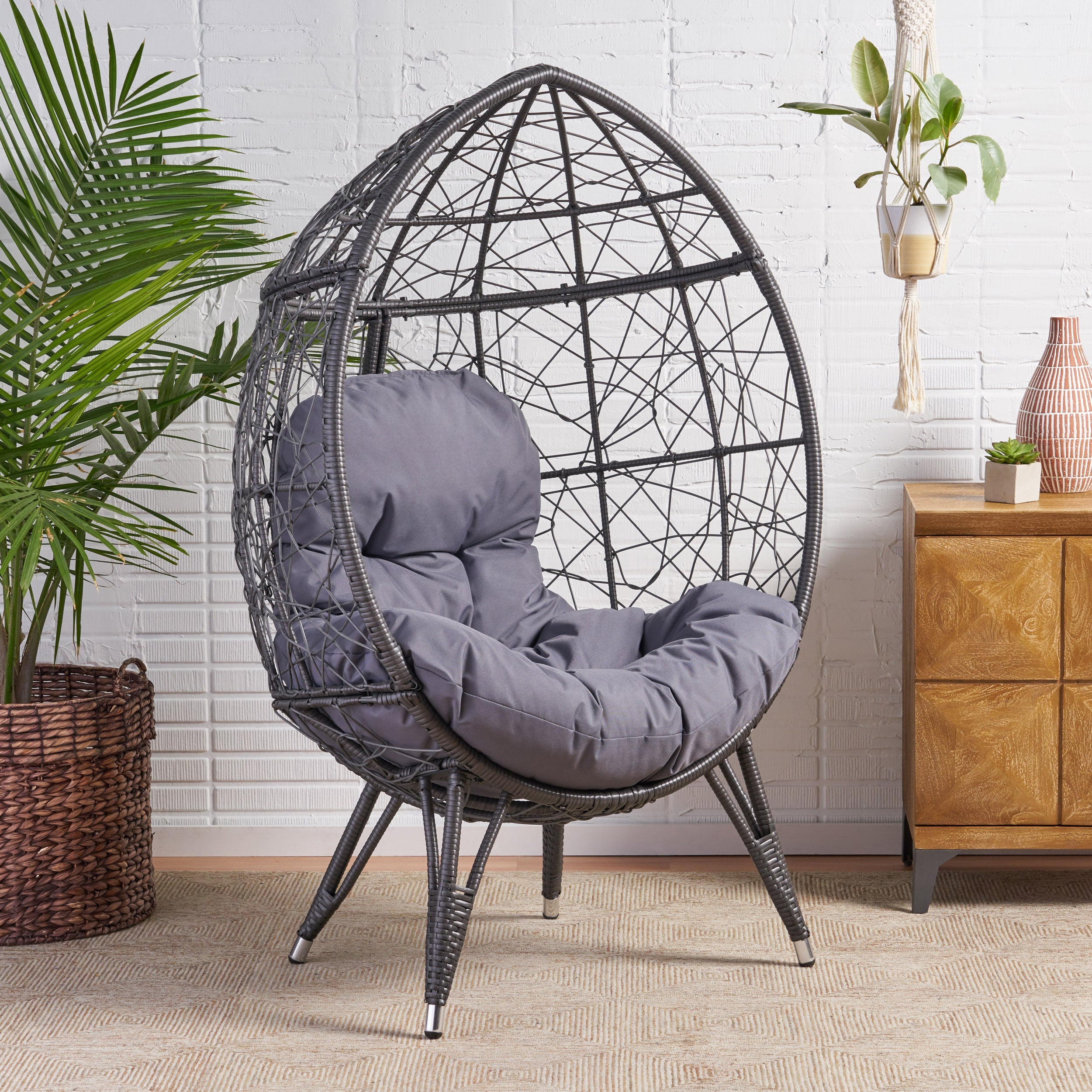 Cosmos Round Hammered Iron Teardrop Chair, Grey