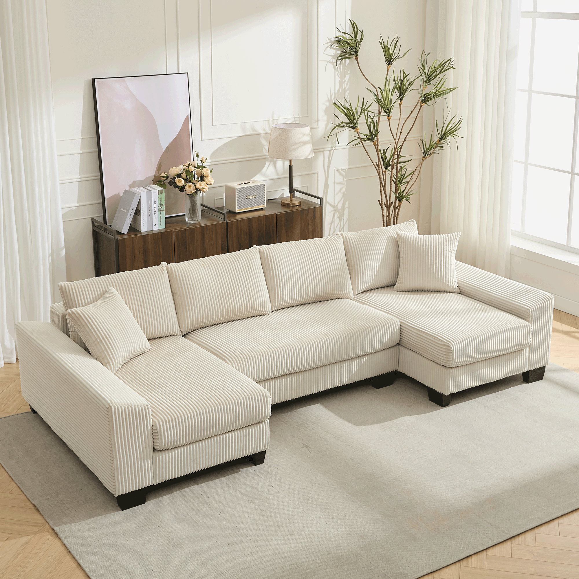 [NEW ARRIVED] [VIDEO PROVIDED] 114' Sleeper Sofa,U Shaped Sofa , Pull Out Bed,Convertible Oversize 2 in 1 Sleeper Sofa, Living Room,Upholstery Sofa Bed,Adjustable Sleeper Sofa,Corduroy,Beige