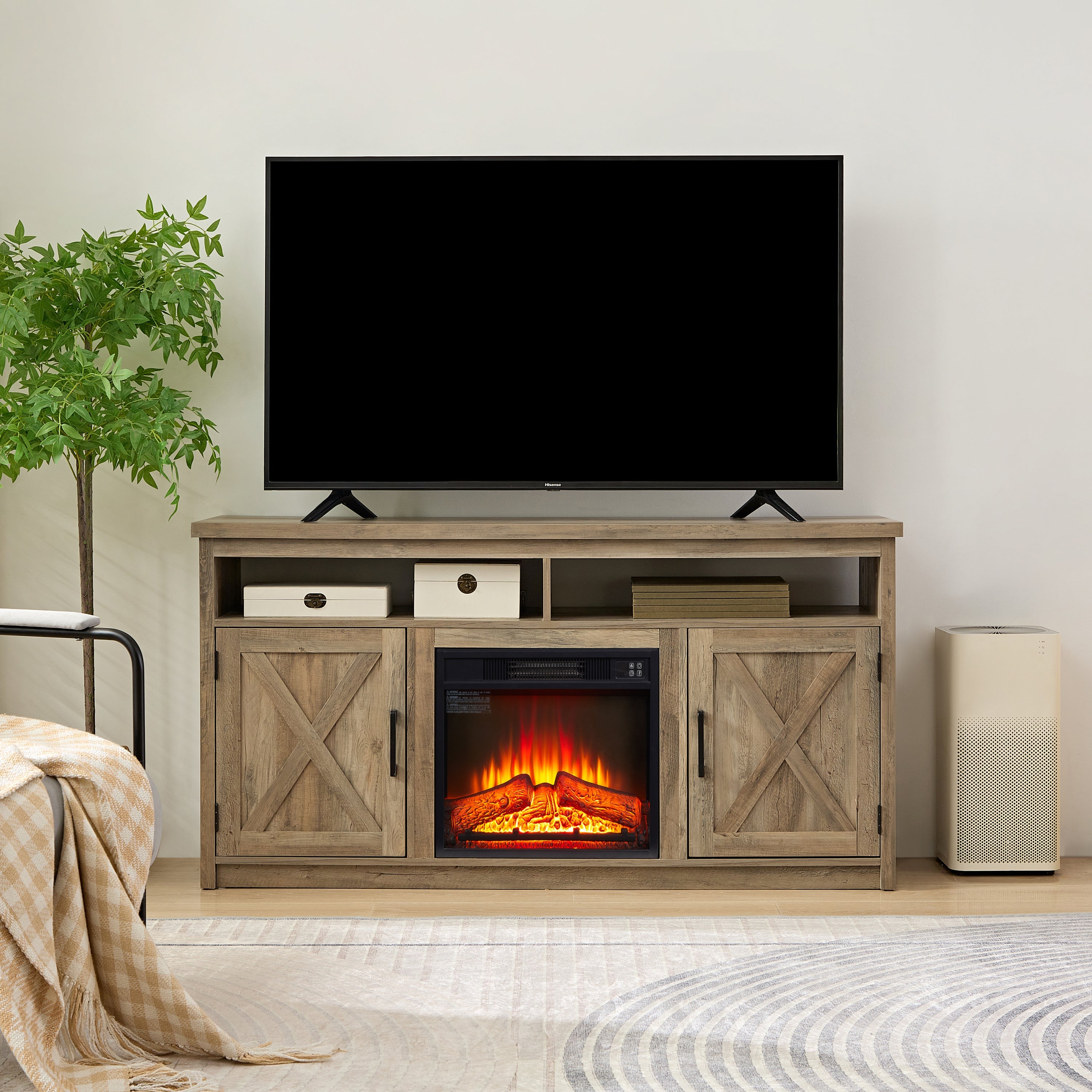 Farmhouse TV Media Stand, Large Barn Inspired Home Entertainment Console, with 18' Fireplace Insert, for TV Up to 65'', with Open Shelves and Closed Cabinets, Gray Wash 57.87*15.75*30.31