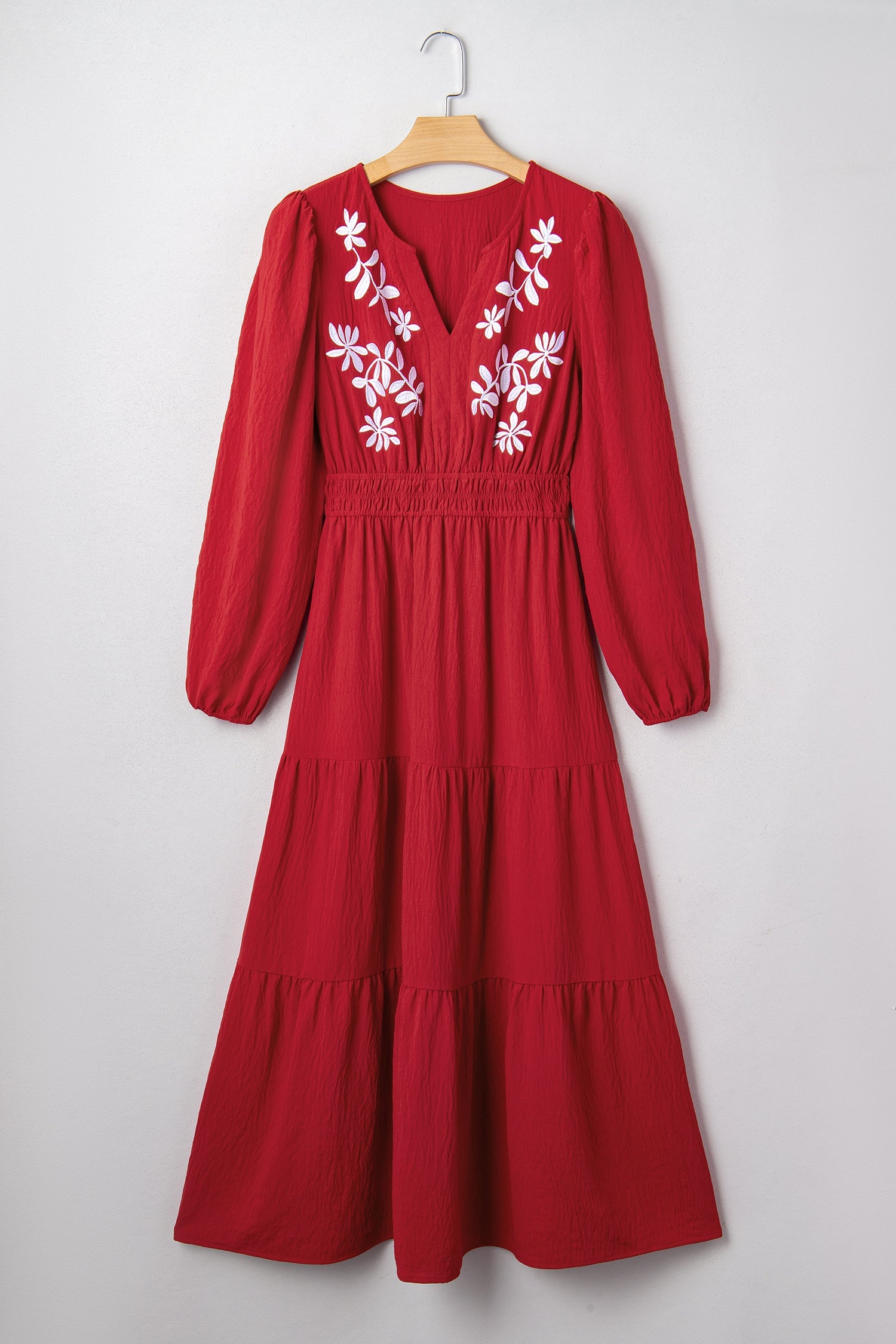 Floral Embroidered Long Sleeve Tiered Maxi Dress