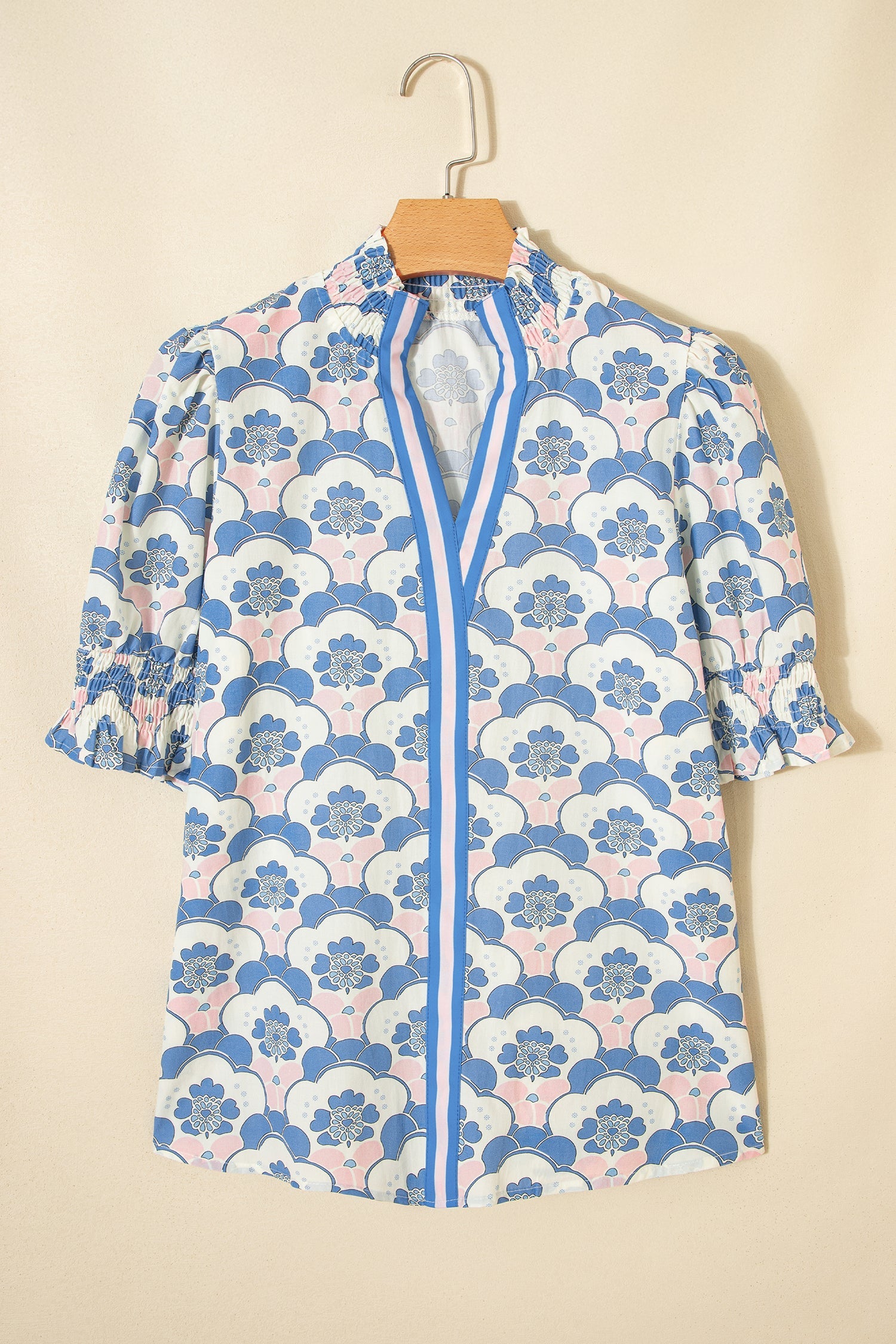 Floral V-Neck Flounced Short Sleeve Blouse