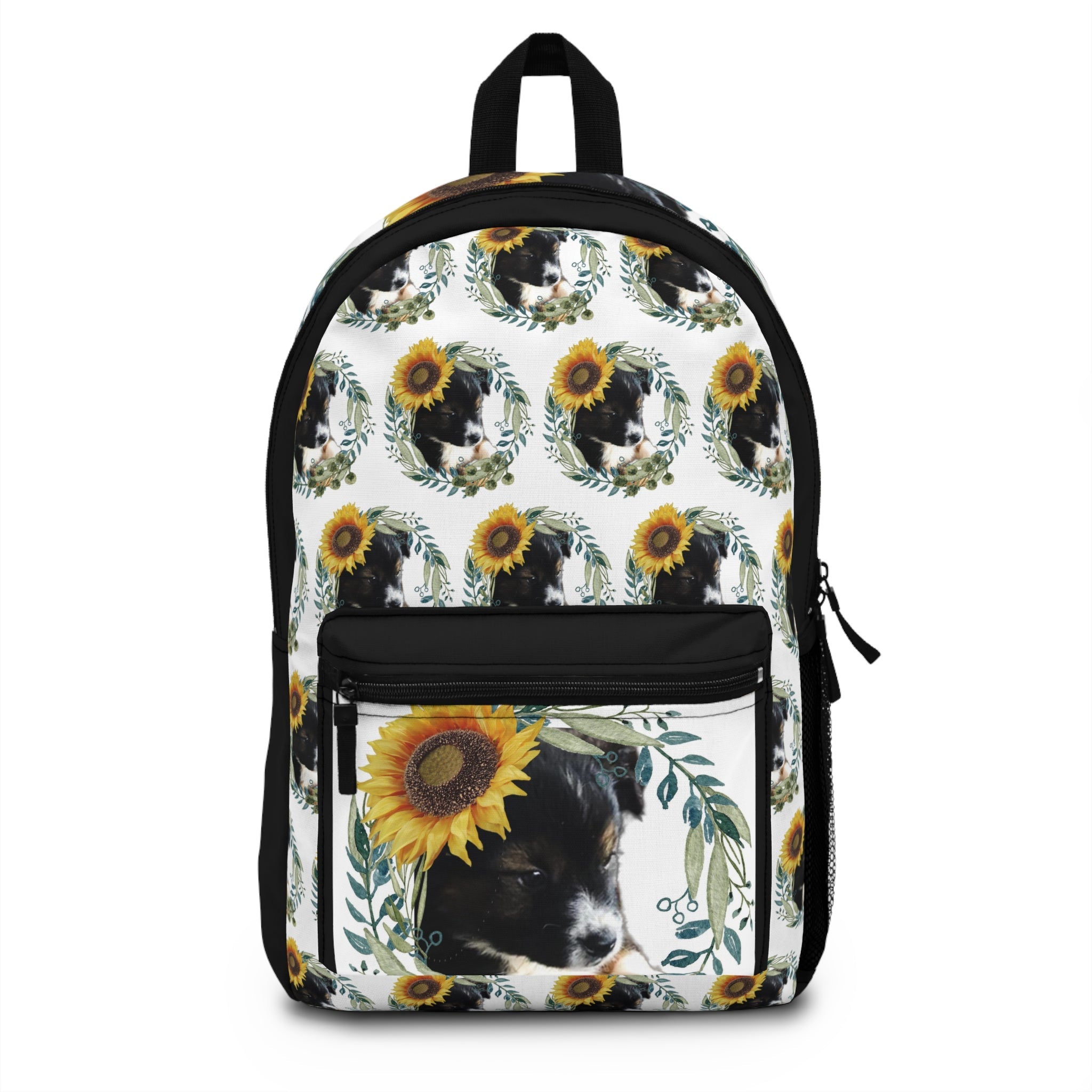Cute Black Puppy with Sunflower Hat Backpack