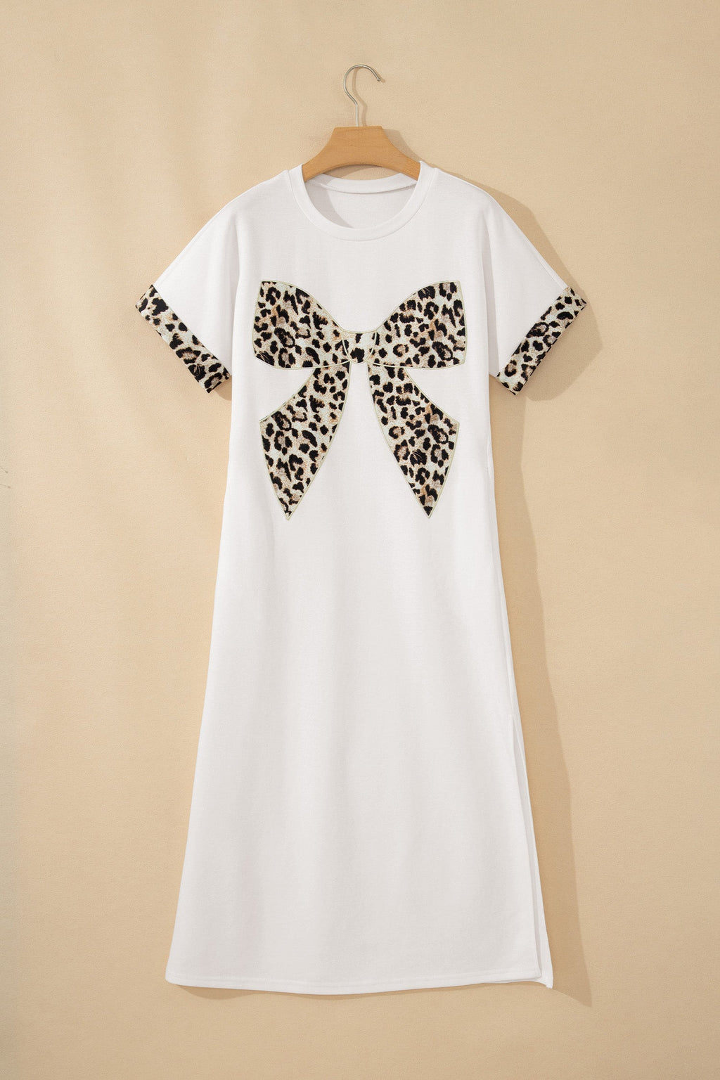 Leopard Bow Patched Short Sleeve T-Shirt Long Dress