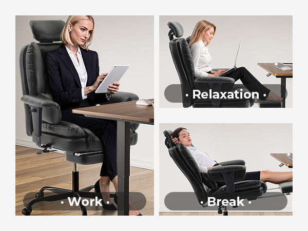 Office Chair Ergonomic 200 kg PU Leather Computer Chair with Lumbar Support and High Backrest, Ergonomic Desk Chair with Liftable Headrest, Black