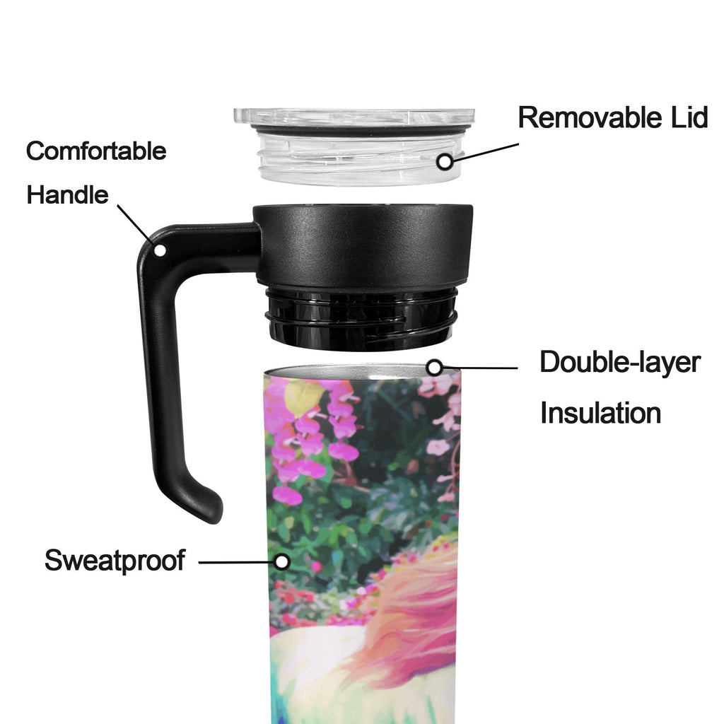 White Horse with Floral Background 20oz Insulated Water Bottle with Screw On Handle