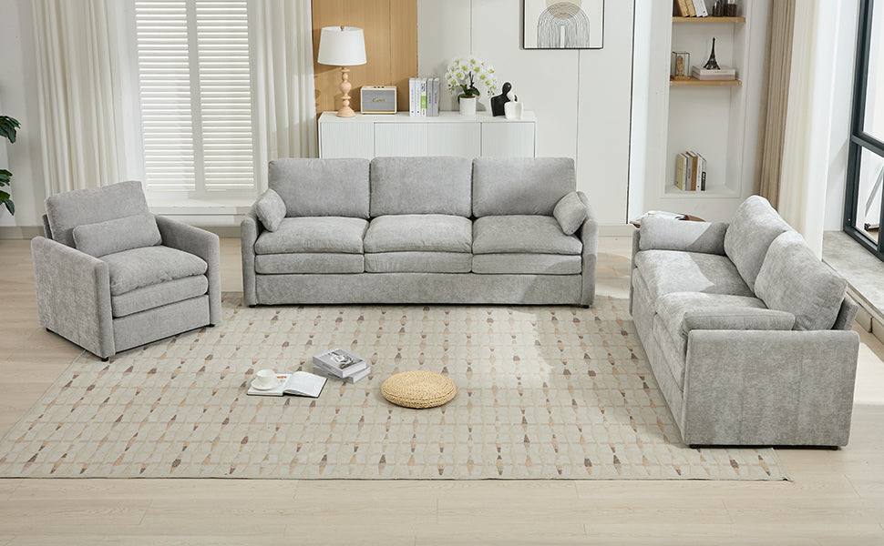 Cozy Upholstered Sofa Set with Double Cushion Design, Light Grey Chenille Fabric, Modern Living Room Couch