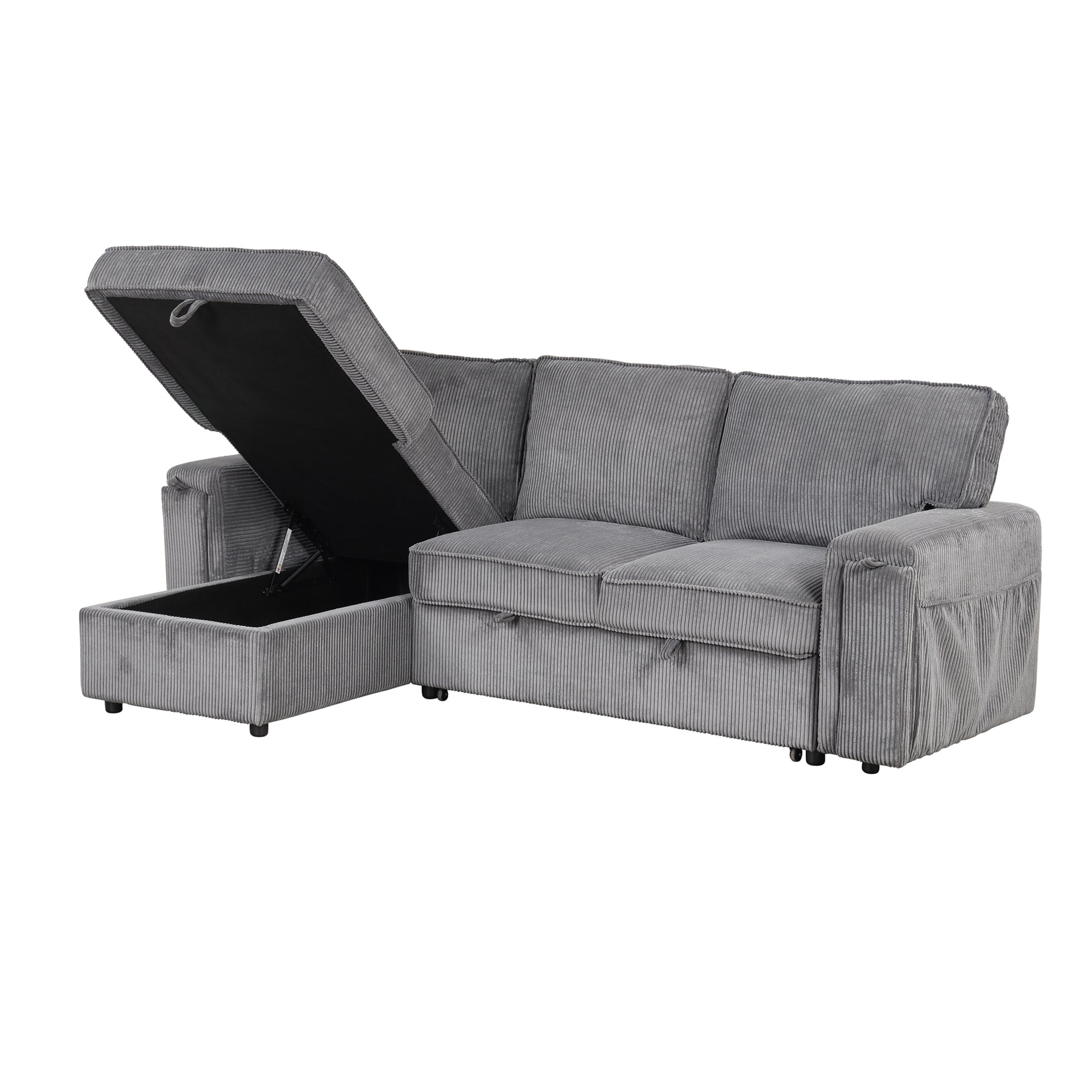 U_STYLE Upholstery Sleeper Sectional Sofa with Storage Bags and 2 cup holders  on Arms