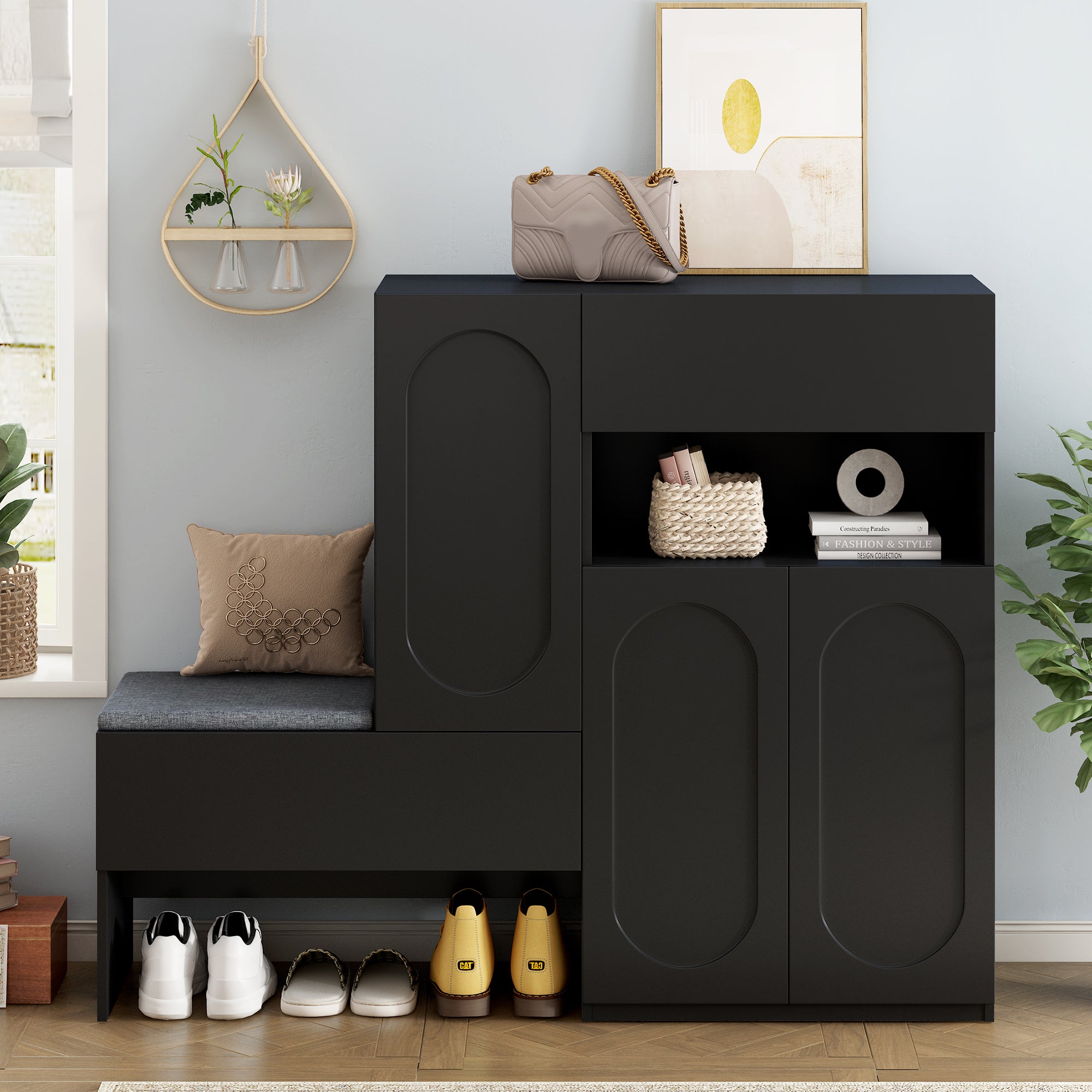 Elegant 2-in-1 Shoe Cabinets with Soft Cushion , Modern Narrow Storage Bench with Arched Doors & Rebound Devices, Versatile Shoe Rack Organizer with Adjustable Shelves for Hallway, Living Room, Black