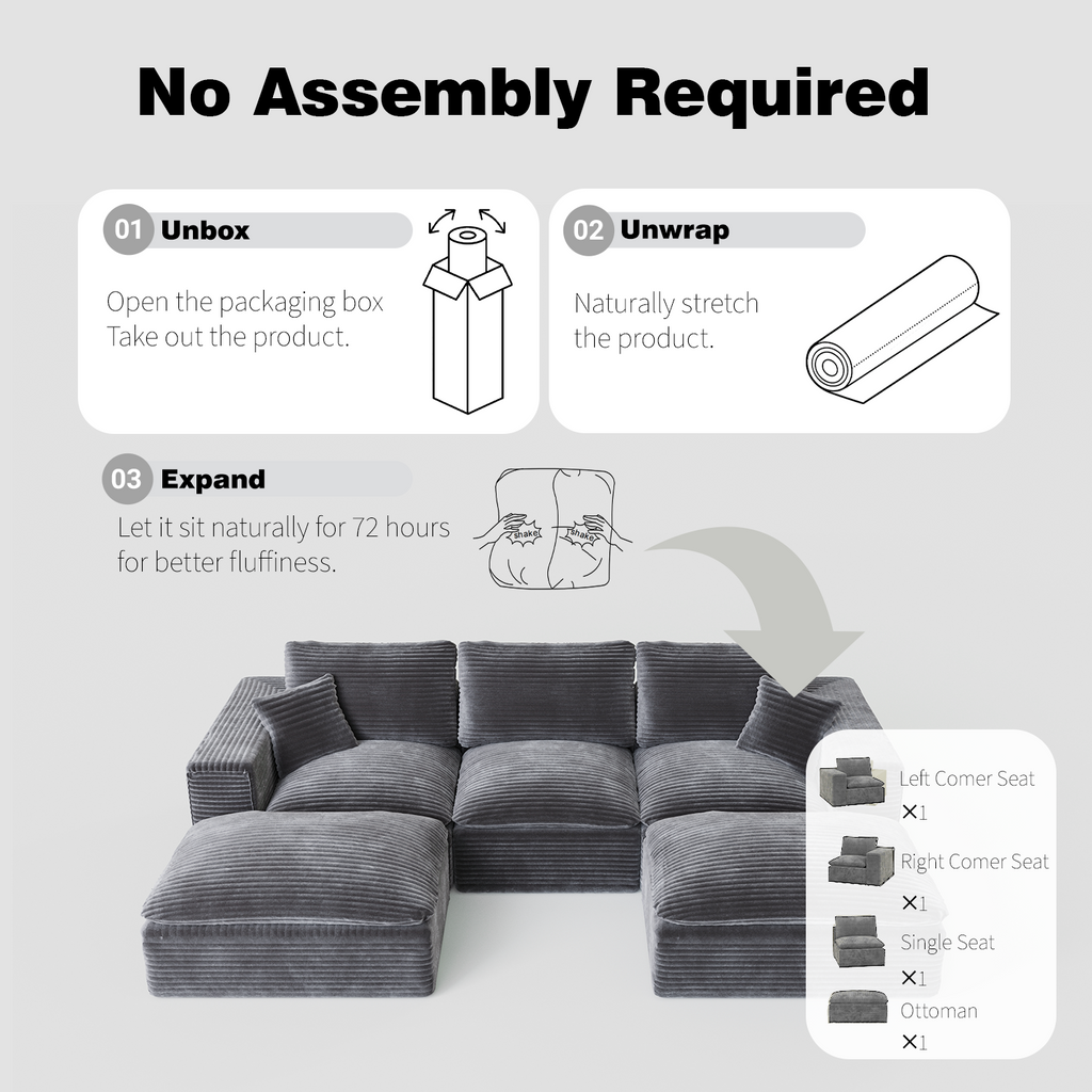 108' Cloud Sectional Couch with L-Shape Chaise, Left-right interchangeable,Modern Modular Sofa with Deep Seat, Upholstered Couches for Living Room Bedroom,No Assembly Required, Soft Plush Corduroy Fab
