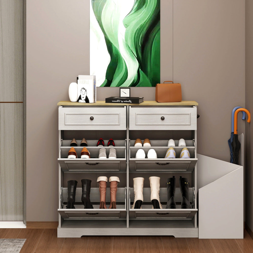 Shoe Storage Cabinet with 2 Drawers, 4 Flip Drawers, Freestanding Shoe Cabinet Organizer with Adjustable Shelf, Shoe Cabinet for Entryway, Foyer, Slim Shoe Cabinet-Antique White