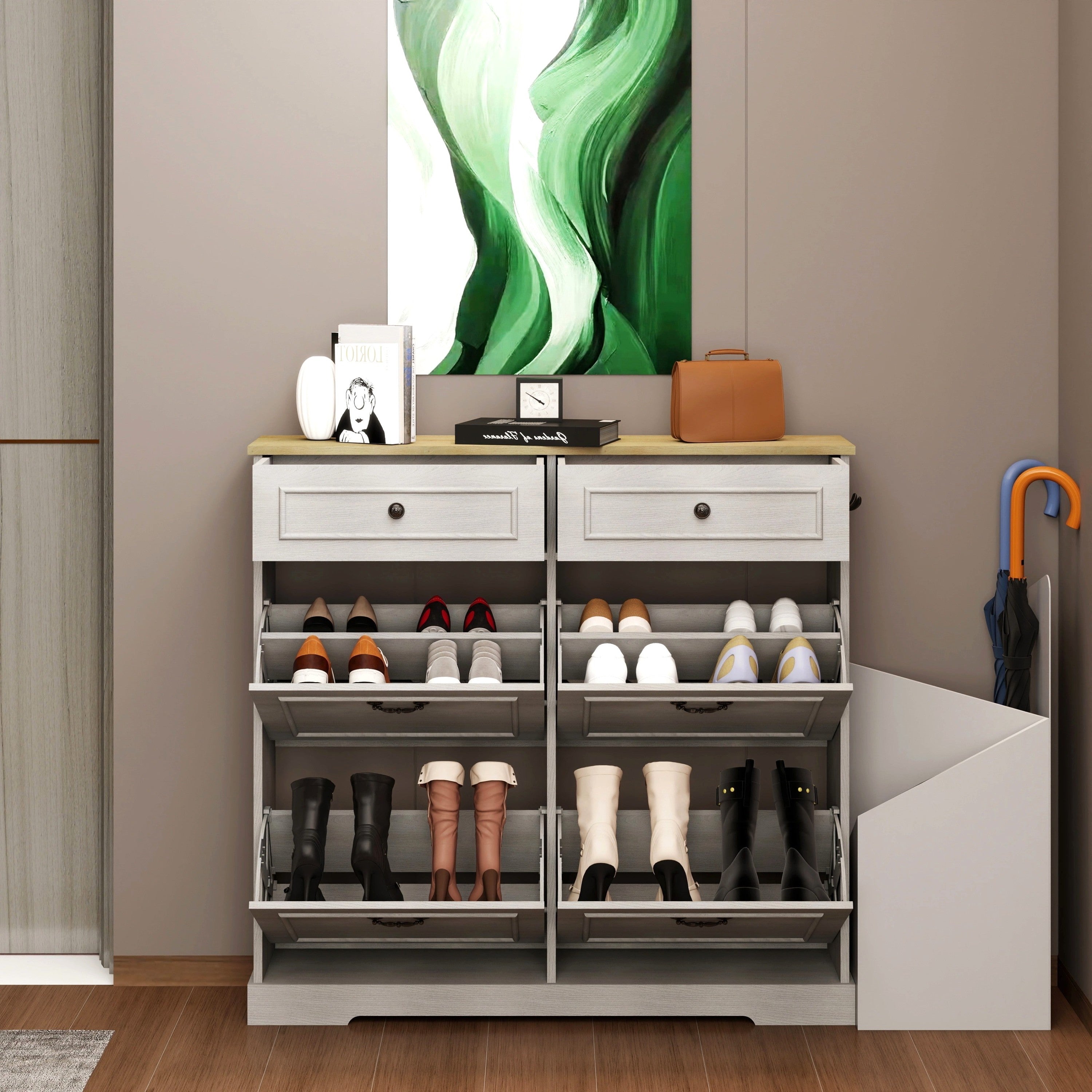 Shoe Storage Cabinet with 2 Drawers, 4 Flip Drawers, Freestanding Shoe Cabinet Organizer with Adjustable Shelf, Shoe Cabinet for Entryway, Foyer, Slim Shoe Cabinet-Antique White