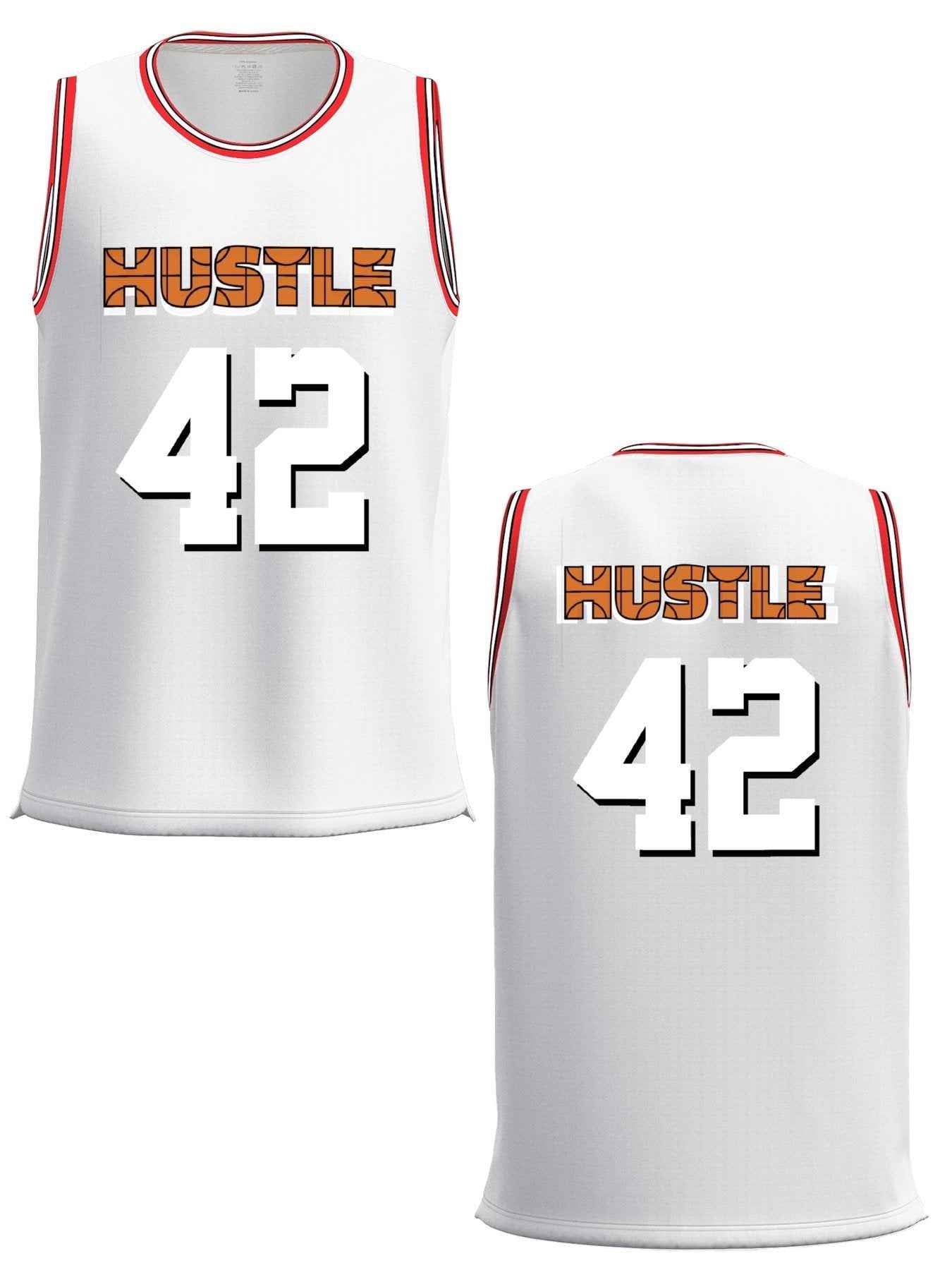 Hustle 42 Adult White with Red Trim Basketball Jersey | Ships From USA
