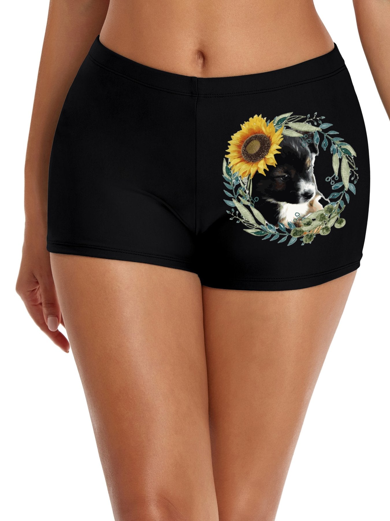 Cute Black Puppy Boyshorts Boxer Briefs for Women (Front Printing)