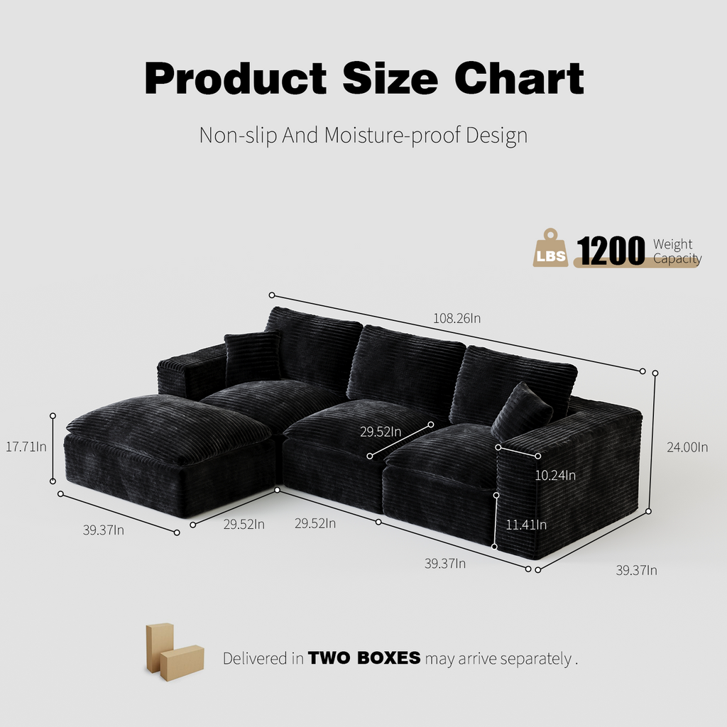 108' Cloud Sectional Couch with L-Shape Chaise, Left-right interchangeable,Modern Modular Sofa with Deep Seat, Upholstered Couches for Living Room Bedroom,No Assembly Required, Soft Plush Corduroy Fab