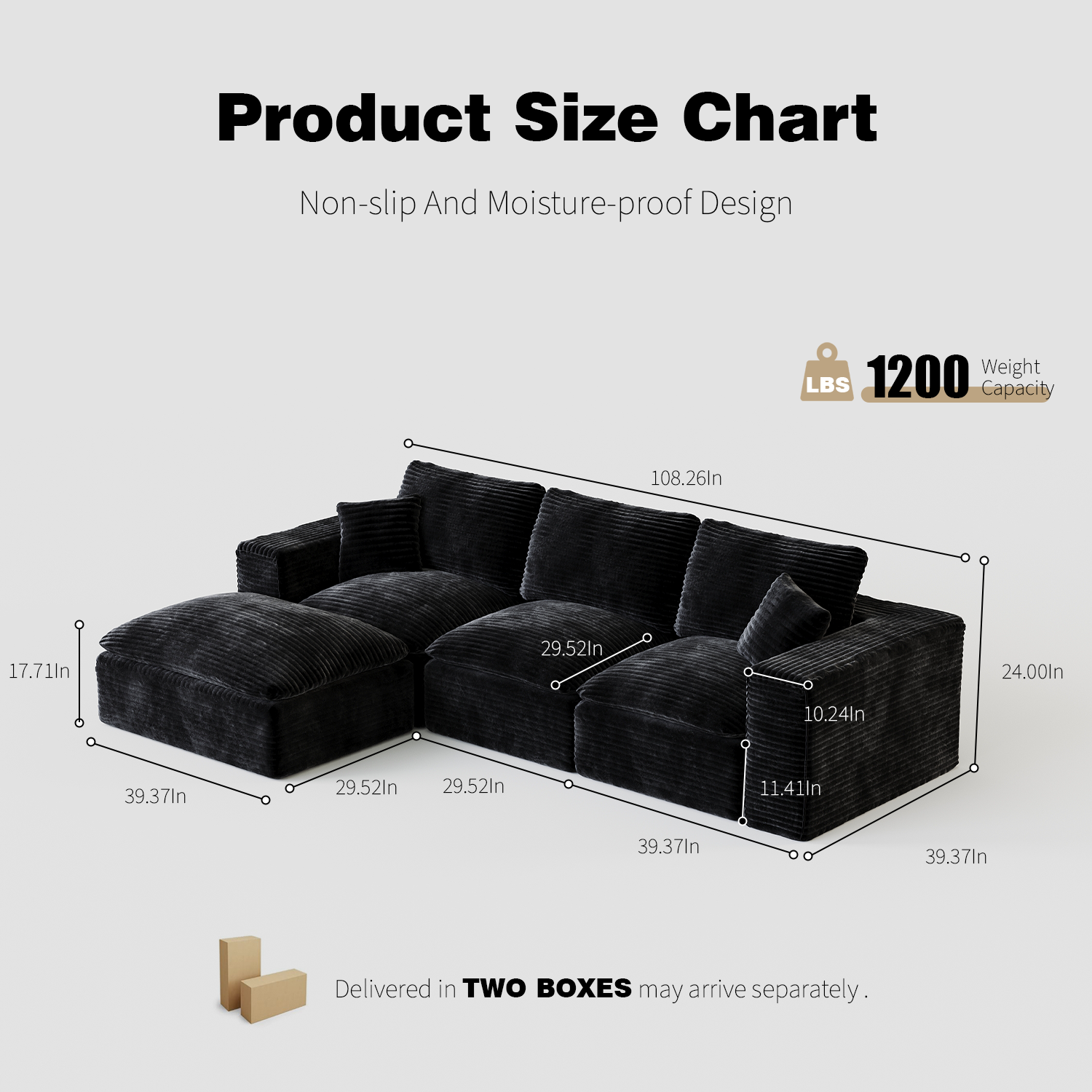 108' Cloud Sectional Couch with L-Shape Chaise, Left-right interchangeable,Modern Modular Sofa with Deep Seat, Upholstered Couches for Living Room Bedroom,No Assembly Required, Soft Plush Corduroy Fab