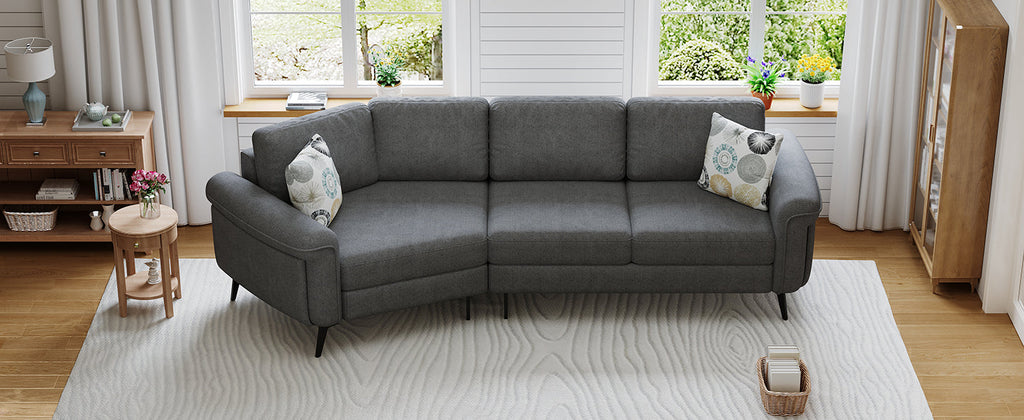 111' Upholstered 3-seater Sofa Curved Sofa Couch with Two Printed Pillows for Living Room, Dark Gray