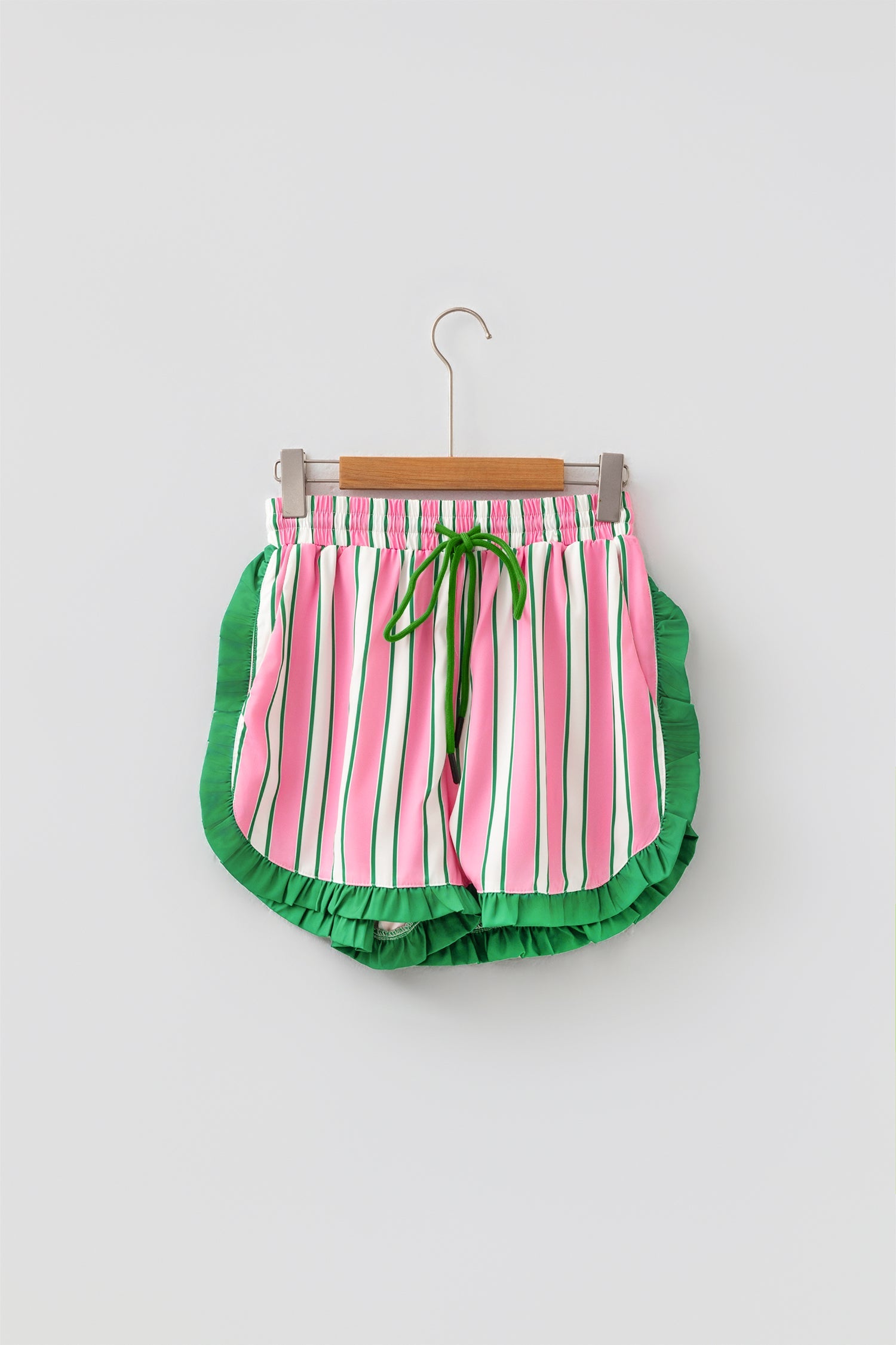 Stripe Contrast Ruffle Trim Drawstring Shorts