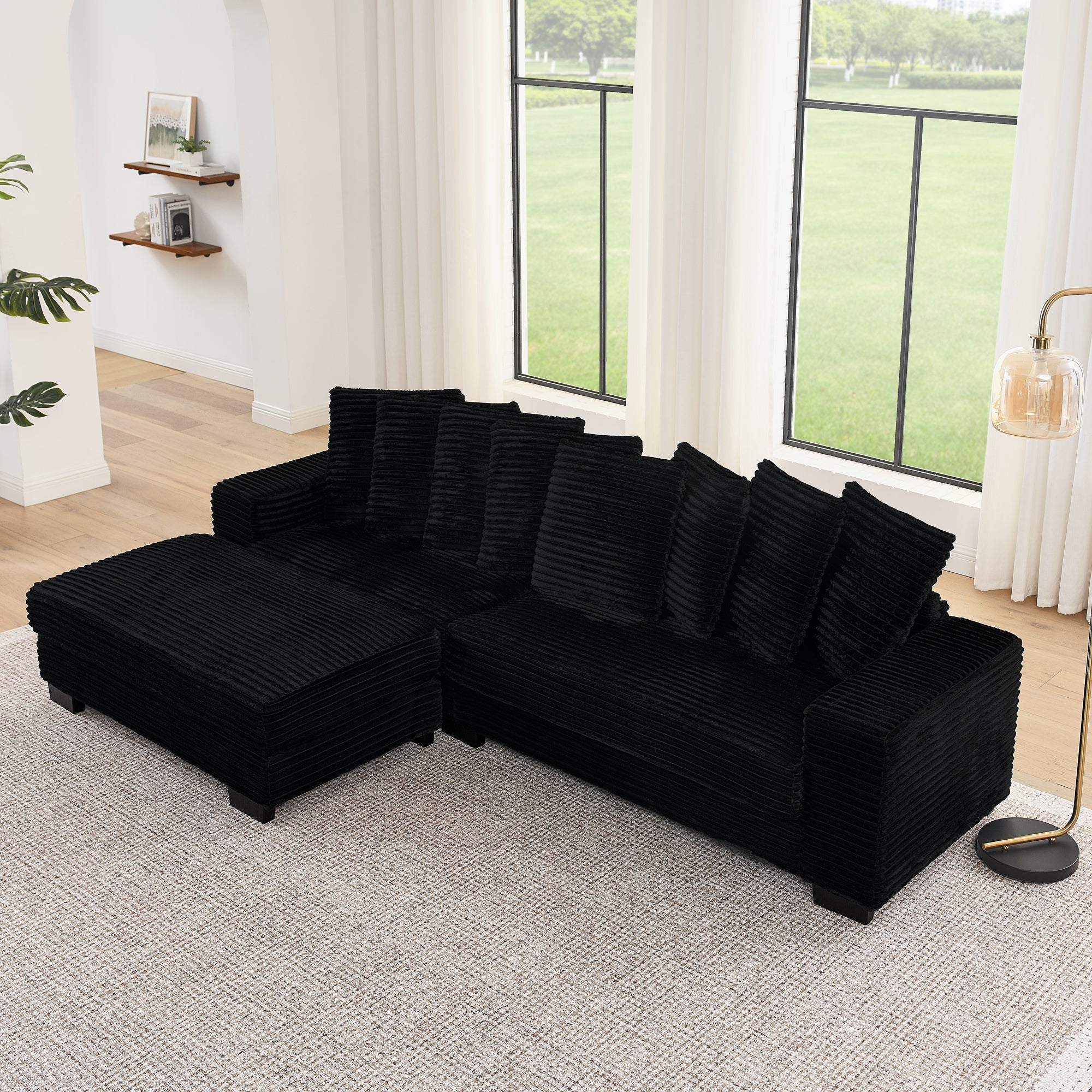 Corduroy Tufted Upholstered Sleeper Sectional Sofa, L-Shaped Modular Convertible Sofa , Can freely change the position of the footrests-Black(Assembly is required)