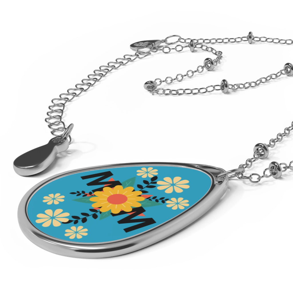 Mom with Yellow Flowers on Teal Background Oval Pendant & Chain Necklace