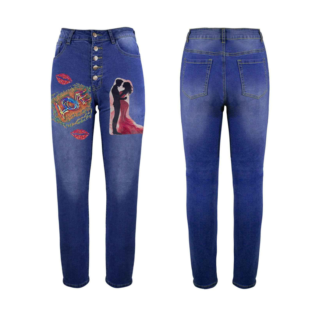 Women's Couple in Love Decorated Jeans with Front Printing