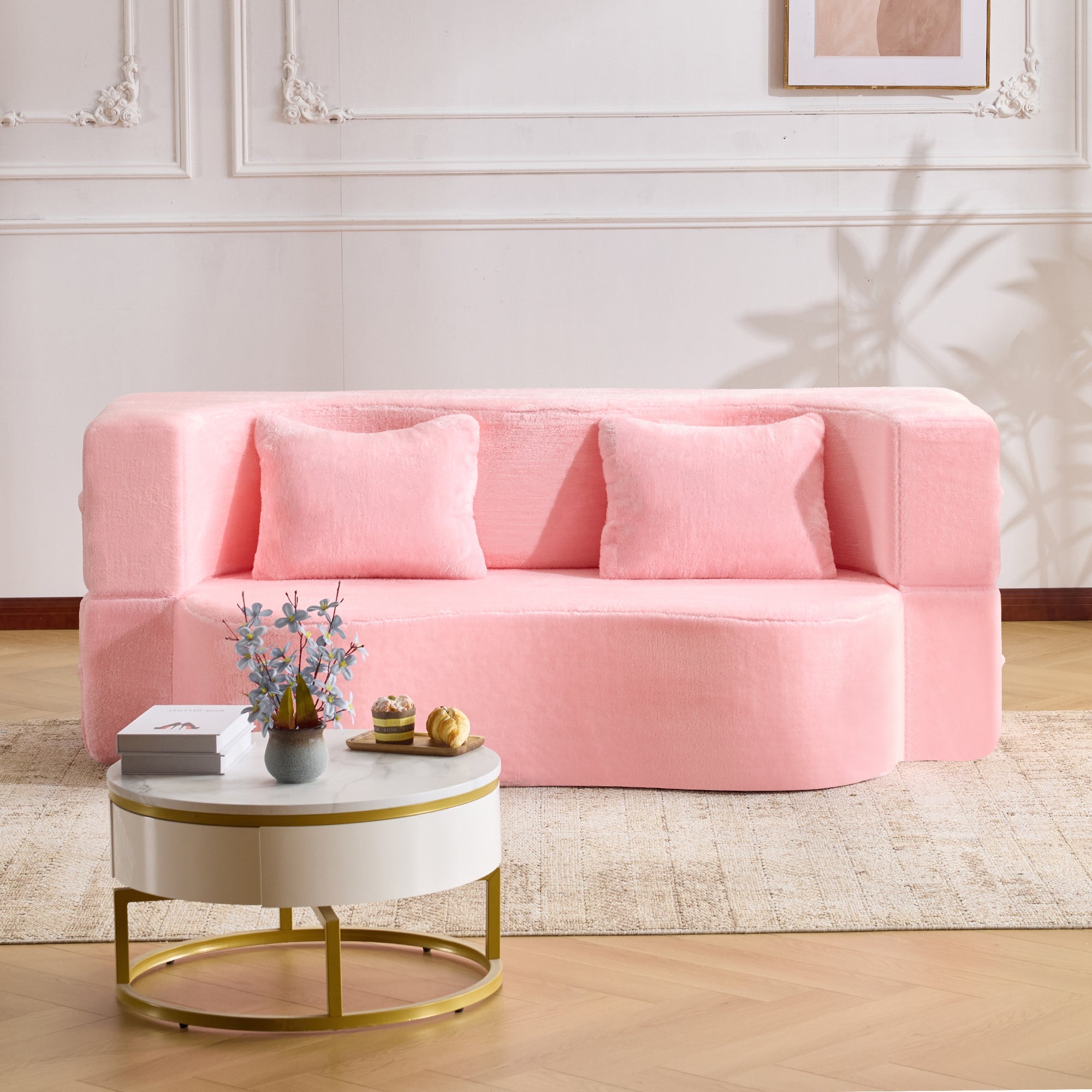 71-inch folding sofa bed, chenille futon sofa bed, high-density foam convertible sofa bed, folding floor sofa bed for living room, guest room, bedroom, pink