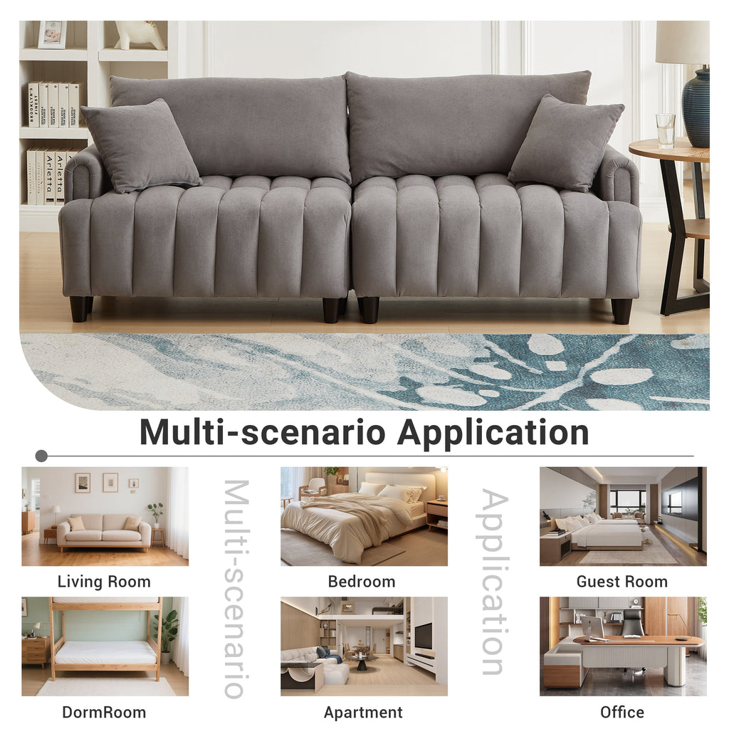 83'' Futon Sofa Bed, Polyester Fabric Comfy Futon Couch Bed with 2 Square Pillows, Convertible Sleeper Sofa with Adjustable Backrest,  Modern Loveseat Sleeper for Living Room, Gray