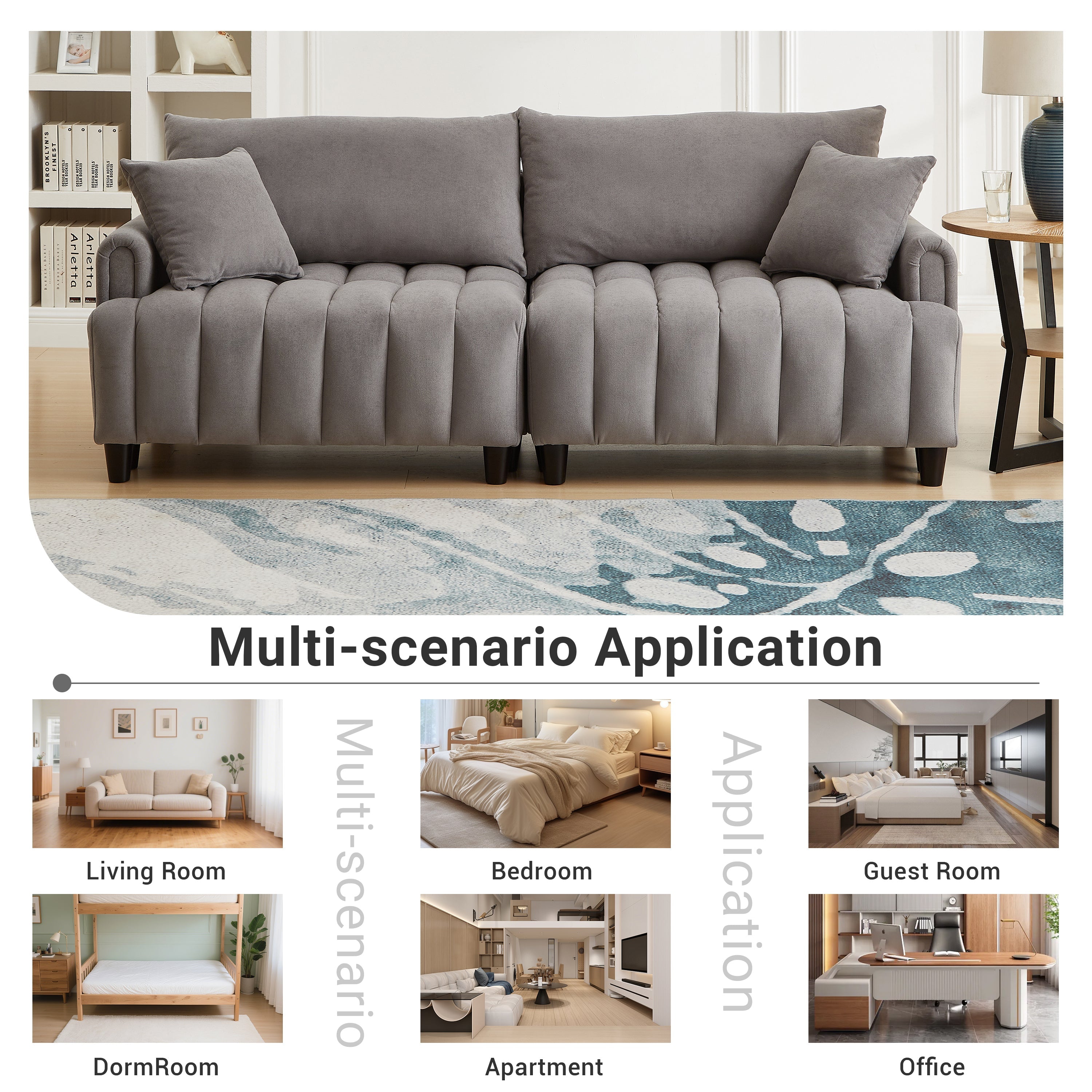 83'' Futon Sofa Bed, Polyester Fabric Comfy Futon Couch Bed with 2 Square Pillows, Convertible Sleeper Sofa with Adjustable Backrest,  Modern Loveseat Sleeper for Living Room, Gray