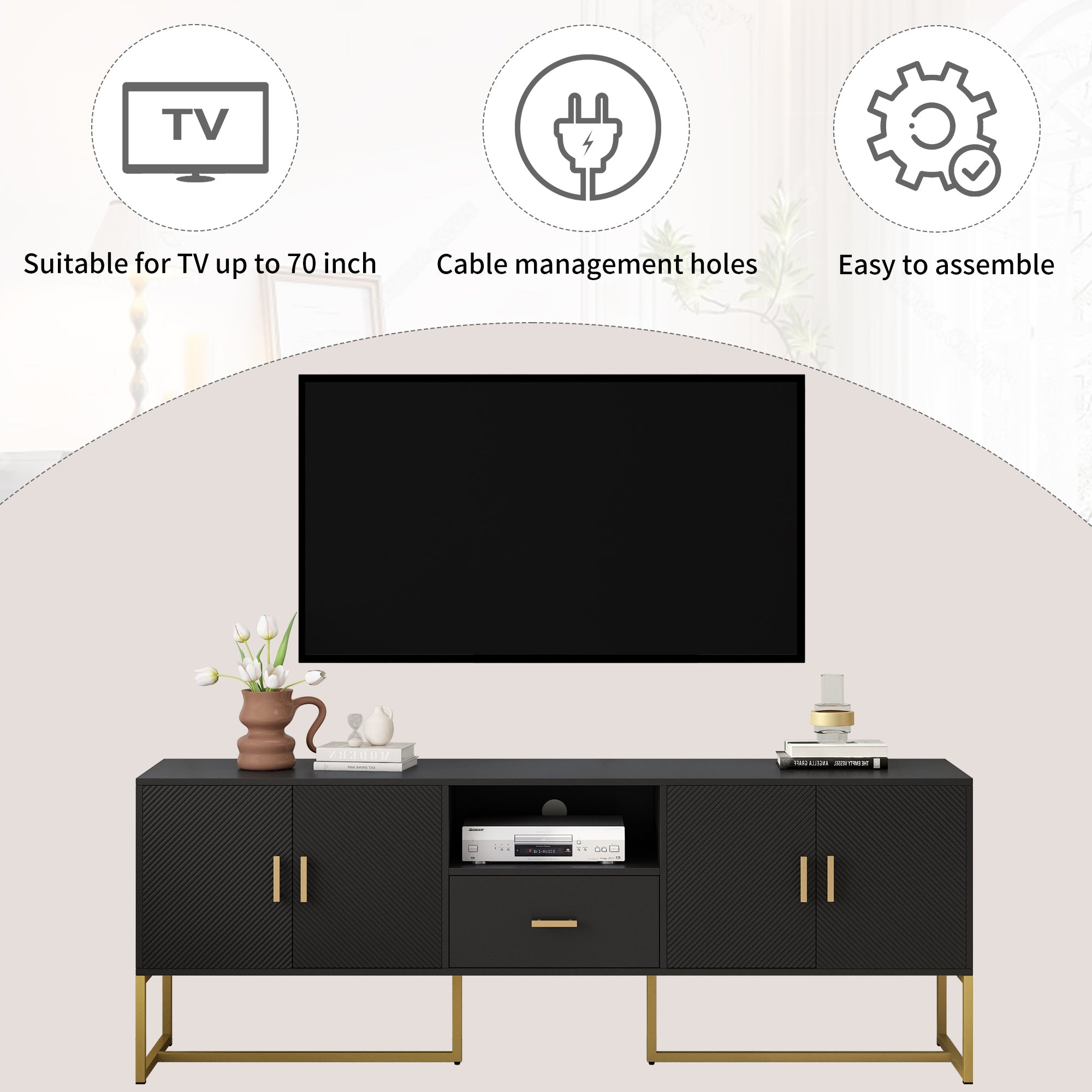 U-Can Modern TV Stand for TV up to 70 Inches,TV Cabinet with 1 Drawer, 2 Cabinets and Metal Legs, Handles and Anti-tip Device for Living room